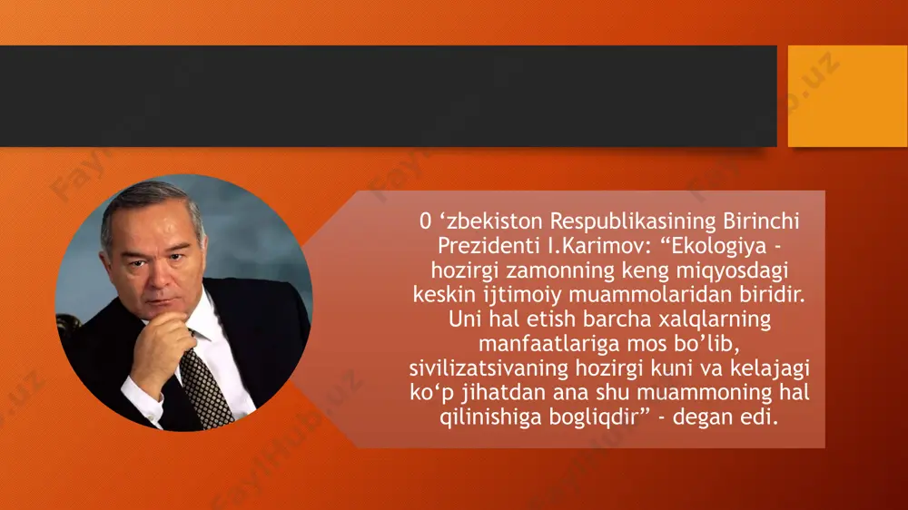 an olinadi, ekologik xavfsizlikning_obyekti: - inson va jamiyatdir. tabiiy resurslardan oqilona foydalanish bo’yicha ekologik-huquqiy munosabatlar bugungi kunda tabiat – jamiyat tizimidagi ijtimoiy munosabatlar 3 yo’nalishda paydo bo’ladi: atrof tabiiy muhitni muhofaza qilish bo’yicha ekologik-huquqiy munosabatlar aholining ekologik xavfsizligini ta’minlash bo’yicha ekologik-huquqiy munosabatlar ekologiya huquqining predmeti - atrof-tabiiy muhitni muhofaza qilish, tabiiy resurslardan oqilona foydalanish va aholining ekologik xavfsizligini ta’minlash jarayonida paydo bo’ladigan ijtimoiy munosabatlarni huquqiy tartibga solishdan iborat. u 2 turga bo’linadi: 1 tabiiy resurslardan foydalanish 2 atrof-muhitni muhofaza qilish ekologiya huquqining maqsadi: - davlatning barqaror rivojlanishi va fuqarolarning ekologik xavfsiz muhitda yashash huquqini ta’minlash uchun tabiatni muhofaza qilish va tabiiy resurslardan oqilona foydalanishni huquqiy tartibga solish. ekologiya huquqi vazifalari: 1. aholining ekologik ongini ko’tarish; 2. milliy ekologik xavsizlikni ta’minlashning 3. ekologik qonunchilikni takomillashtirish; 4. huquqni muhofaza qilish organlarining mukammal huquqiy nazorat tizimini yaratish; 5. ekologik harakatlarni rag’batlantirish va huquqbuzarlarga nisbatan javobgarlikni yuridik rivojlantirish; 6. tabiiy ob’yektlardan oqilona foydalanishning huquqiy …