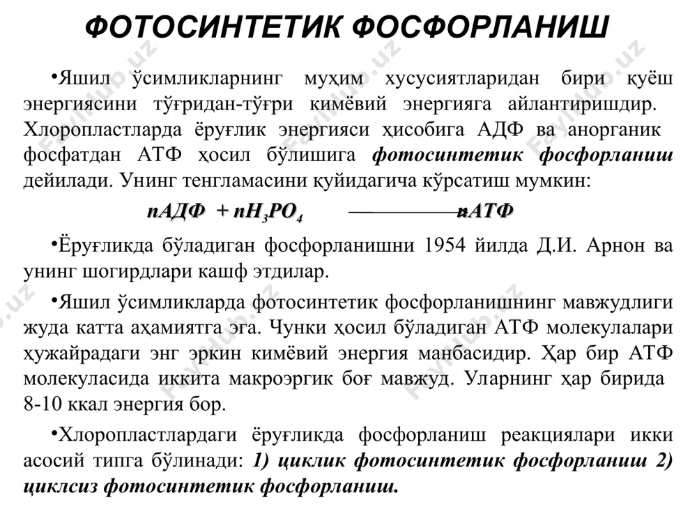 адн α-кетоглутарат дегидрогеназа комплекси оксидланган декарбоксилланиш (1 nadh=3 атр) 5 cукцинал-коа + гдф + р сукцинат + гтф+ hs-coa cукцинал-коа -синтетаза субстратнинг фосфорланиши 1 атр 8 босқичдан иборат бўлган 1 та циклнинг умумий формуласи қуйидагича ацетил-коа + 3над++фад+гдф+ + р+ 2h2o + коа-sh = 2коа-sh + 3надh + 3h++фадн2+гтф+ 2co2 № субстратлар махсулотлар фермент реакция типи 6 сукцинат + е-фад (убихинон (q)) фумарат + е-фадh2 (убихинол (qh2)) сукцинат- дегидрогеназа оксидланиш (1 fadh=2 атр) 7 фумарат +h2o l-малат фумараза гидратация 8 l-малат + над+ оксалоацетат + надh + h+ малатдегидрогеназа оксидланиш (1 nadh=3 атр) ди- ва трикарбон кислоталар циклида 1 молекула пируватнинг оксидланиши натижасида 4надн, гтф ва фадh2 хосил бўлади. хар бир молекула надh (надфh) оксидланиши 3 молекула атфни, фадh2 оксидланиши эса 2 молекула atф ни хосил қилади. бундан 1 молекула пируват натижасида 15 молекула атф ни хосил қилади деб айтишимиз мумкин. гликолиз жараёнида 1 молекула глюкозадан 2 молекула пируватни хосил …