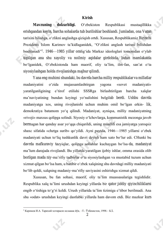 iy tazyiqlar, qolipga solishlar kuchaygan bo‘lsa-da, madaniyat ma’lum darajada rivojlandi. bu yillarda yaratilgan ijobiy ishlar, omma orasida olib borilgan mada niy-ma’rifiy tadbirlar o‘ta siyosiylashgan va mustabid tuzum uchun xizmat qilgan bo‘lsa ham, u baribir o‘zbek xalqining shu davrdagi milliy madaniyati bo‘lib qoldi, xalqning madaniy-ma’rifiy saviyasini oshirishga xizmat qildi. xususan, bu fan sohasi, maorif, oliy ta’lim muassasalariga tegishlidir. respublika xalq ta’limi urushdan keyingi yillarda bir qator jiddiy qiyinchiliklarni engib o‘tishiga to‘g‘ri keldi. urush yillarida ta’lim tizimiga e’tibor berilmadi. ana shu «odat» urushdan keyingi dastlabki yillarda ham davom etdi. biz mazkur kurs 1 каримов и.а. тарихий хотирасиз келажак йўқ. –т.: ўзбекистон, 1998.– б.5. 3 ishda o‘zbekistonda 1940-1980 yillarda fan, ta’lim, madaniyat taraqqiyoti masalarini tadqiq qildik. mavzuning maqsad va vazifalari. o’zbekistonda sovetlar hukumronligi davrida ta’lim timizining faoliyatini o’rganish va yoritib berish asosiy maqsadimiz. vazifalar quyidagicha: - o‘zbekiston fanlar akademiyasining tashkil topishi va uning faoliyati tadqiq qilish; - xx asrning 50-80 yillarida halq ta’limi …