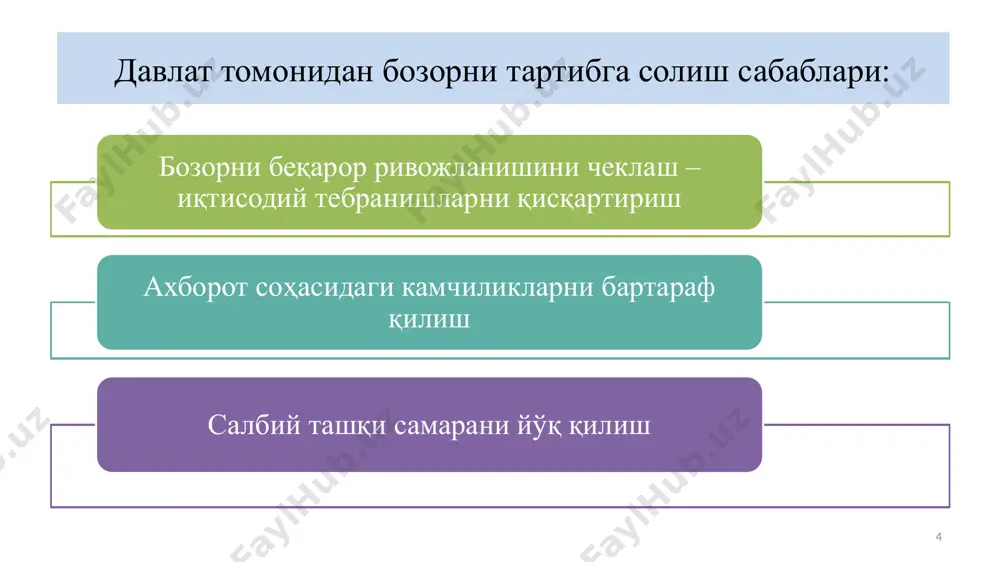 шига йўл қўймаслик. 11 12 инсофсиз рақобат — хўжалик юритувчи субъектнинг иқтисодий фаолиятни амалга оширишда афзалликларга эга бўлишга қаратилган, қонун ҳужжатларига, иш муомаласи одатларига зид бўлган ҳамда бошқа рақобатчиларга зарар етказадиган бўлган ҳаракатлари; иқтисодий концентрация — хўжалик юритувчи субъектнинг устунлигига олиб келадиган, товар ёки молия бозоридаги рақобатнинг ҳолатига таъсир кўрсатадиган битимлар тузиш ва бошқа ҳаракатларни содир этиш; иқтисодий фаолиятни мувофиқлаштириш — хўжалик юритувчи субъектлар ҳаракатларини бундай хўжалик юритувчи субъектлардан бирортаси билан ҳам бир шахслар гуруҳига кирмайдиган юридик ёки жисмоний шахс билан келишиб олиш; камситувчи шартлар — товар ёки молия бозорига кириш, товарни ишлаб чиқариш, истеъмол қилиш, олиш, реализация қилиш, ўзгача тарзда бошқа шахсга ўтказиш шартлари бўлиб, улар бошқа тенг шароитларда битта ёки бир нечта хўжалик юритувчи субъектни ўзга рақобатчи билан таққослаганда тенг бўлмаган ҳолатга солиб қўяди; келишиб олинган ҳаракатлар — товар ёки молия бозорида икки ёки ундан ортиқ хўжалик юритувчи субъектнинг бозорнинг мазкур иштирокчиларидан ҳар бирининг манфаатларини қаноатлантирадиган ва улардан …