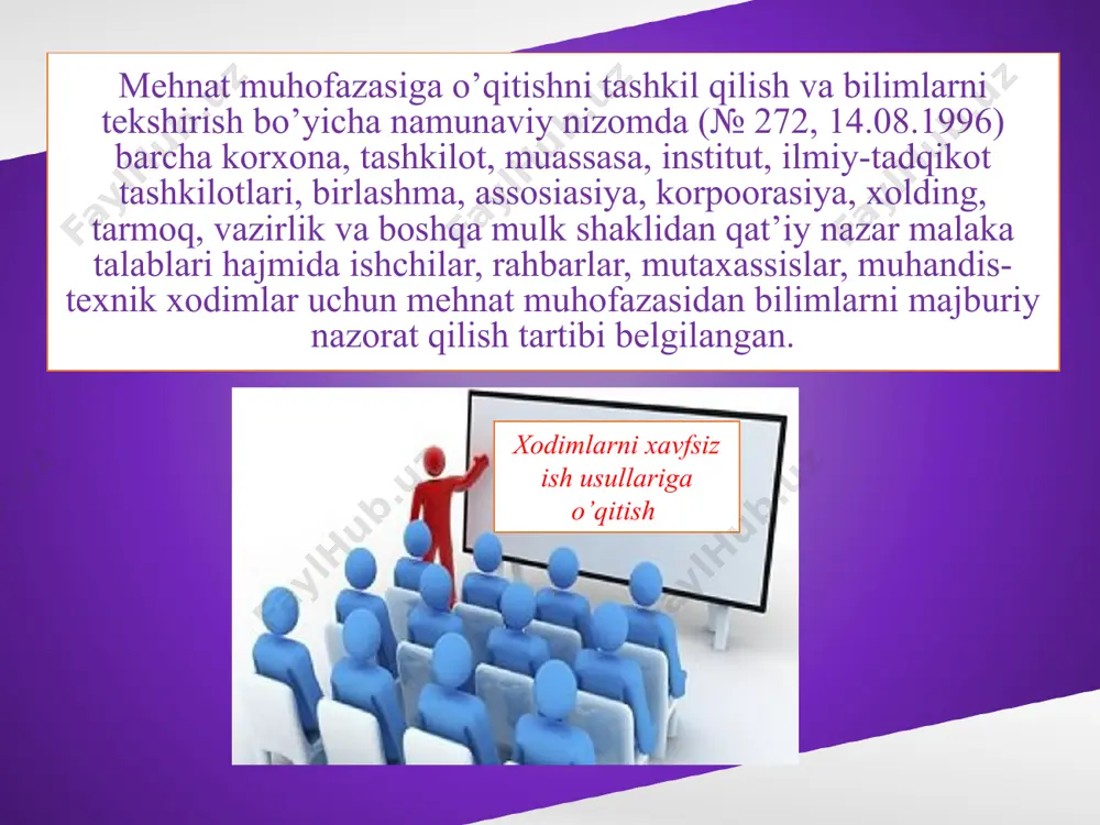 xshilash bo’yicha asosiy tadbirlar (texnik va tashkiliy, sanitariya-gigienik, davolash-profilaktik). ish joylari havosini almashtirishning zarurati va tuzilishi. yorug’likni to’g’ri tashkil qilish. shovqinga qarshi tadbirlar. yo’riqnoma o’tkazish ishchining bevosita rahbari bo’lgan ustaga yuklatiladi. ayrim zarur hollarda bu yo’riqnoma tegishli mutaxassislar (mexanik, enyergetik, texnolog) ishtirokida o’tkaziladi. xodimlarga elektr xavfsizligi bo’yicha yo’riqnoma o’tkazish va malaka guruhi berish korxona bosh enyergetigi zimmasiga yuklatiladi. ish joyida o’tkaziladigan yo’riqnoma ishni xavfsiz olib borish qoidalari asosida sex boshliqlari tomonidan tuzilgan va korxona bosh muhandisi tasdiqlagan dastur bo’yicha olib boriladi. bu yo’riqnomalar ruyxatini korxona bosh muhandisi kasaba uyushmasi raisi bilan birgalikda tasdiqlaydi. ish joyida o’tkaziladigan dastlabki yo’riqnoma ishchini mustaqil ishlashga qo’yishdan oldin yoki ish xarakteri o’zgargan hollarda o’tkaziladi. dastlabki yo’riqnoma o’tkazish yo’riqnomalarni rasmiylashtirish jurnaliga yozib qo’yish orqali mustahkamlanadi. barcha ishchilar o’ta xavfli ishlarni bajarishga vazifa olishlaridan avval javobgar rahbar tomonidan yo’riqnoma olishlari va bu haqda jurnalga xavfsizlik choralari ko’rsatilgan holda rasmiylashtirilishi kerak. ish joylarida o’tkaziladigan yo’riqnomaning dasturi. 1.texnologik jarayon …