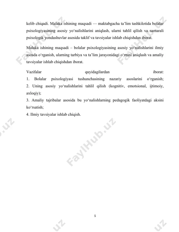 nalish jean piaget nazariyasiga asoslanadi. unga ko‘ra, bolalar ma’lumotni idrok qilish va uni qayta ishlashda bosqichma-bosqich rivojlanadilar: sensor-motor bosqich (0-2 yosh), preoperatsional bosqich (2-7 yosh), konkret operatsiyalar bosqichi (7-11 yosh), va formal operatsiyalar bosqichi (12 va undan yuqori). bu bosqichlar orqali bola aqliy rivojlanishda muayyan bosqichlarni bosib o‘tadi. 2. emotsional yo‘nalish emotsional rivojlanish bolalarning his-tuyg‘ularni anglash, ifodalash va boshqarish qobiliyatini o‘z ichiga oladi. bu yo‘nalishda bola o‘zini va boshqalarni anglashni o‘rganadi. bolaning emotsional rivojlanishi oilaviy muhit, tarbiya uslubi, yaqin kattalar bilan munosabatlar orqali shakllanadi. erikson nazariyasiga ko‘ra, bolalar hayotining har bir bosqichi ma’lum psixologik inqiroz bilan bog‘liq bo‘lib, uni to‘g‘ri yengib o‘tish shaxsiy rivojlanish uchun muhim hisoblanadi. 3. ijtimoiy yo‘nalish ijtimoiy psixologiya bolalarning o‘z tengdoshlari va kattalar bilan muloqotdagi xatti-harakatlarini o‘rganadi. bu yo‘nalish lev vygotskiyning sotsiokultural nazariyasiga asoslanadi. vygotskiy fikricha, bola bilim va ko‘nikmalarni sotsiokultural muhit orqali egallaydi, ya’ni uning rivojlanishida ijtimoiy aloqa hal qiluvchi rol o‘ynaydi. muloqot orqali bola …