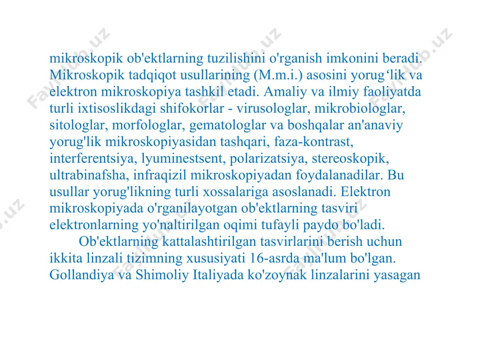 yorug'lik nurlari shaffof faza plastinkasidan chetga chiqadi. natijada, ob'ektdan o'tgan nurlar va yorug'lik fonining nurlari o'rtasida to'lqin uzunligidagi farq paydo bo'ladi. agar bu farq to'lqin uzunligining kamida 1/4 qismi bo'lsa, u holda vizual effekt paydo bo'ladi, unda qorong'u ob'ekt yorug'lik fonida aniq ko'rinadi yoki aksincha, faza plitasining xususiyatlariga qarab. interferentsion mikroskop interferentsiya mikroskopiyasi fazali kontrastli mikroskop bilan bir xil muammolarni hal qiladi. ammo agar ikkinchisi o'rganilayotgan ob'ektlarning faqat konturlarini kuzatishga imkon bersa, interferentsiyali mikroskop yordamida shaffof ob'ektning tafsilotlarini o'rganish va ularning miqdoriy tahlilini amalga oshirish mumkin. bunga mikroskopda yorug'lik nurini ikkiga bo'lish orqali erishiladi: nurlarning biri kuzatilayotgan ob'ektning zarrachasidan, ikkinchisi esa uning yonidan o'tadi. mikroskopning okulyarida ikkala nur bir-biriga bog'langan va bir-biriga aralashadi. olingan fazalar farqini shu tarzda aniqlash orqali o'lchash mumkin. juda ko'p turli xil hujayra tuzilmalari. yorug'likning fazalar farqini ma'lum sinishi ko'rsatkichlari bilan ketma-ket o'lchash tirik jismlar va qo'zg'almas to'qimalarning qalinligini, ulardagi suv va quruq moddalarning kontsentratsiyasini, oqsillarning …