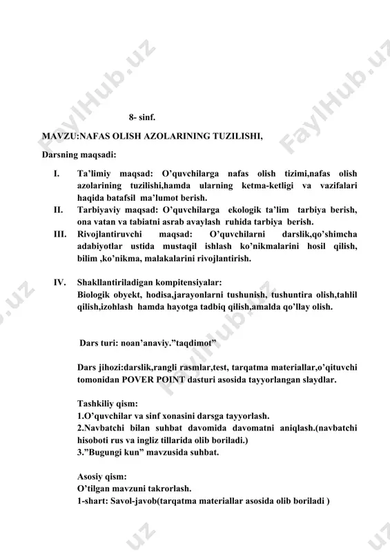 ganlarini ketma-ketligini to’g’ri holatda izohlang yangi mavzu: slaydlar orqali tushuntiriladi: odam va har bir boshqa tirik organizm tashqi muhitdan kislorod qabul qilib, karbonat angidrid gazini cliiqarib turishi nafas olish deb ataladi. nafas olish jarayoni quyidagi qismlardan iborat: 1. 0 ‘pka alveolalari va tashqi muhit o‘rtasida kislorod va karbonat angidrid almashinuvi (tashqi nafas olish). 2. 0 ‘pka alveolalari va o‘pkaning kapillar qon tomirlari o‘rtasida kislorod hamda karbonat angidrid almashinuvi. 3. qon va to‘qimalar o‘rtasida kislorod va karbonat angidrid almashinuvi (icliki nafas olish). nafas olish organlariga burun bo‘shlig‘i, hiqildoq, kekirdak (traxeya), bronxlar, o‘pkalar va plevra pardalari kiradi . burun bo‘shlig‘i to‘siq bilan ikkiga bo‘lingan. uning icliki yuzasi sliilimsliiq parda bilan qoplangan. bu pardada juda ko‘p mayda bezchalar bo‘lib, ulardan havoni tozalash vazifasini bajaruvchi sliilimsliiq suyuqlik ajraladi. burun bo‘shlig‘i nafas havosini tozalaydi va ilitib o‘tkazadi. hiqildoq iv—vi bo‘yin umurtqalari ro‘parasida joylashgan. hiqildoq havo o‘tkazuvclii nafas yo‘li vazifasini bajarishdan tashqari, u tovush hosil qiladigan …