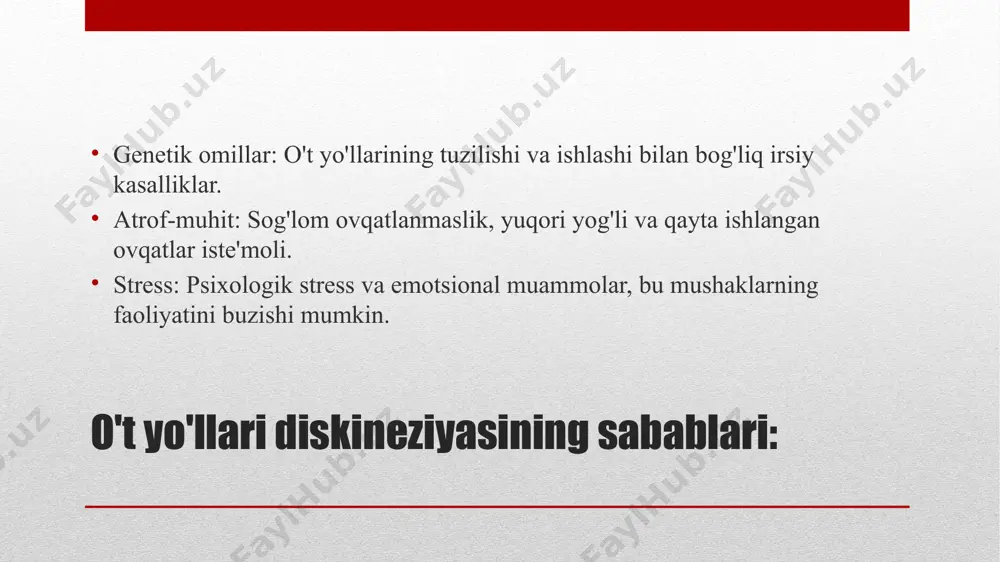 hi, qayt qilish. qorin og'rig'i: o'tning to'planishi yoki chiqarilishi natijasida. diagnostik usullar: • anamnez: bemorning tarixini o'rganish va simptomlarni aniqlash. • fizik tekshiruv: qorin bo'shlig'ini tekshirish. • ultrasonografiya: o't pufagi va o't yo'llarini ko'rish uchun. • endoskopiya: ichki organlarni ko'rish va tekshirish uchun. davolash usullari: • dori-darmonlar: antispazmodiklar, dori vositalari (masalan, ursodezoksikol kislotasi). • dieta: yog'siz, ko'p meva va sabzavotlar iste'mol qilish. • fizioterapiya: mushaklarni kuchaytirish va stressni kamaytirish uchun. • psixoterapiya: stressni boshqarish va emotsional muammolarni hal qilish uchun. oldini olish choralar: • sog'lom turmush tarzi: sog'lom ovqatlanish va jismoniy faollik. • stressni boshqarish: meditatsiya, yoga yoki boshqa stressni kamaytirish usullari. gipermotor tipdagi kasallik uchun foydali ovqatlar va idishlar: ko'p sabzavot va mevalar; porridjlar - grechka, jo'xori uni, bug'doy; donli non ; ko‘p miqdorda suyuqlik. /docprops/thumbnail.jpeg