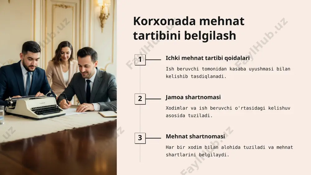 ulosa tayyorlanadi. * xizmat tekshiruvi muddatlari asosiy muddat 15 ish kunidan oshmasligi kerak. uzaytirish zarur hollarda yana 15 ish kuniga uzaytirilishi mumkin. xodimni chetlashtirish tekshiruv davomida xodim vaqtincha ishdan chetlashtirilishi mumkin. * xizmat tekshiruvi natijalari dalolatnoma tuzish tekshiruv natijalari bo'yicha batafsil dalolatnoma tuziladi. tavsiyalar berish intizomni kuchaytirish bo'yicha takliflar kiritiladi. qaror qabul qilish ish beruvchi tekshiruv natijalariga ko'ra qaror qabul qiladi. * maxsus intizomiy javobgarlik 1 qo'llanilish doirasi muayyan toifadagi xodimlar uchun belgilanadi. 2 huquqiy asos maxsus qonunlar va nizomlar bilan tartibga solinadi. 3 jazo choralari oddiy xodimlarnikidan farq qiluvchi jazo turlari qo'llaniladi. * intizomiy jazoni bekor qilish muddati tugashi bir yil o'tgach jazo avtomatik ravishda bekor bo'ladi. muddatidan oldin bekor qilish ish beruvchi tomonidan amalga oshirilishi mumkin. xodimning iltimosi xodim jazoni bekor qilishni so'rab murojaat qilishi mumkin. * mehnat intizomini mustahkamlash choralari o'qitish xodimlarni mehnat qonunchiligi bo'yicha muntazam o'qitish. hamkorlik kasaba uyushmalari bilan yaqin hamkorlikni yo'lga qo'yish. monitoring intizom …
