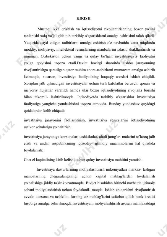 va har tomonlama qo'llab-quvvatlash maqsadga muvofiq bo'ladi. xalqaro moliya institutlarining valuta-kredit liniyalaridan foydalanish, lizingni rivojlantirishga yo'naltirilgan ishlar va boshqalar investitsiyalarning moliyalashtirish amaliyotiga jiddiy o'zgartirishlar kiritadi. investitsiyalashning bozor mexanizmlarini joriy etish, bevosita xorijiy investitsiyalar, kreditlarni jalb qilish, moliya bozori orqali investitsiya manbalarining shakllantirishni kengaytirish, noan'anaviy moliyalashtirish usullaridan foydalanish amaliyotini chuqur, atroflicha tadqiq etish va ularni umumlashtirish zaruratini kun tartibiga qo'yadi.investitsiya faoliyatini samarali tashkil qilishda hali qal qilinishi zarur bo'lgan qator vazifalar borki, ular mavjud qonun va me'yoriy hujjatlardan to'g'ri foydalanadigan va umuman, investitsiyalardan samarali foydalanish bo'yicha kadrlarni tayyorlash ularning malakasini muntazam oshirishni talab qilmoqda. mazkur soha uchun malakali kadrlarni tayyorlashni tubdan yaxshilash va sifatini oshirishda, ayniqsa kasb-hunar kollejlari o'quvchilariga mo'ljal- langan darsliklar, o'quv-uslubiy qo'llanmalarning yetishmasligi ma'lum qiyinchiliklarni yuzaga keltirmoqda. i. investitsiya, va uning nazariy asoslari 1.1 investitsiya tushunchasi «investitsiyalar» atamasi lotin tilidagi «invest» so'zidan olingan bo'lib, pul sarf qilmoq, qo'ymoq ma'nosini anglatadi. «investitsiya» tushunchasi bir qator ma'nolarga ega bo'lib, foyda olish …