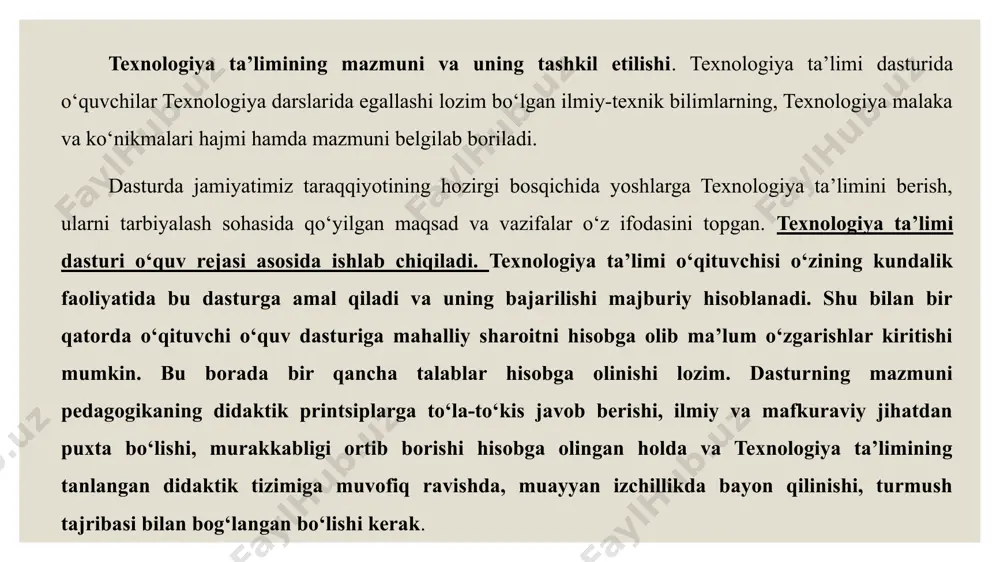 ‘otish, texnologiya darslarida hosil qilingan bilimlarni kengaytirish va chuqurlashtirish, ko‘nikma va malakalarini mustahkamlash uchun “mohir qo‘llar” to‘garaklarida, sinfdan tashqari ishlarni tashkil etish maqsadga muvofiqdir. ko‘nikma – bu kishining bilim va tajriba asosida egallangan, ma’lum harakatni ongli bajarishga bo‘lgan qobiliyatidir. masalan: kartonni kesa bilish ko‘nikmasi, qaychini to‘g‘ri ishlata olish, harakatni aniq muvofiqlashtirish, yo‘nalish, kuch va bosimning tengligini saqlash. malaka – bu faoliyatdagi mashq qilishlar jarayonida yеtilgan, mujassamlashgan tajribadir. bu tez va aniq bajarish, mashq qilish tufayli tarkib topgan ko‘nikma yoki bu ma’lum miqdordagi mashq va usullar bajarilganda ko‘nikmadan sakrab o‘tish degan ma’noni anglatadi. shunung uchun mazkur ko‘nikma agarda malakani yuzaga keltirishni nazarda tutgan mashq va usullar to‘g‘ri tuzilgan bo‘lsa u to‘g‘ri malakaga aylanishi mumkin. biroq malakaning takommillashuv darajasi o‘qitishning turli bosqichlarida turlichadir. uning strukturasi ham o‘zgaruvchandir. mashqlar jarayonida o‘quvchilar bajarilayotgan harakatlar murakkablashib borgan sari, asta-sekin oddiy malakalarning murakkab malakalarga birlashuvi sodir bo‘ladi. texnologiya malaka va ko‘nikmalarini shakllantirish quyidagicha asosiy bosqichlardan tarkib …