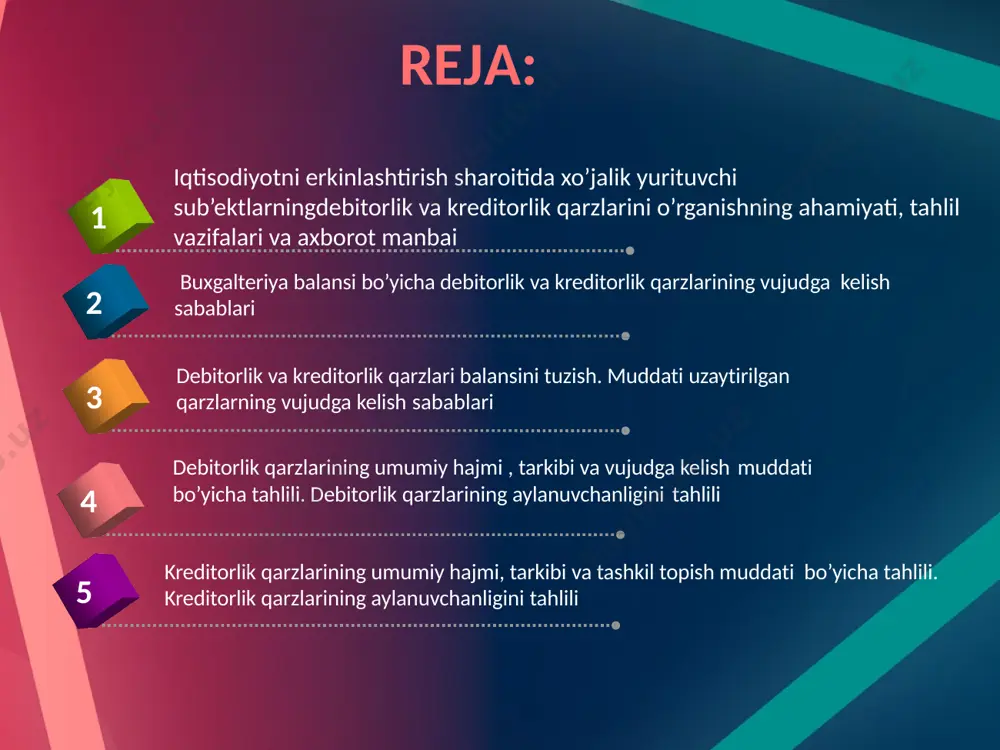 anish davrini tezlashtirish asosida korxonaning moliyaviy holatini yaxshilash borasida chora-tadbirlar belgilashdan iborat. debitorlik va kreditorlik majburiyatlari bo’yicha hisobot, ma’lumotnoma har oyning 1-sanasida tuzilib, tegishli tashkilotlarga topshiriladi. ushbu ma’lumotnomadan korxonaning majburiyatlar balansini ham tuzish mumkin. tahlil etishda korxonalarning muayyan davrga bo’lgan o’zaro debitorlik va kreditorlik majburiyatlarining holatiga, tarkibiga, tashkil topish muddatlariga, yuzaga chiqish sababalariga, debitorlik va kreditorlik majburiyatlarning oqlanuvchanligiga, debitorlik va kreditorlik majburiyatlari bo’yicha dargumon qarzlarning yuzaga chiqishiga baho beriladi. korxonalarning debitorlik va kreditorlik majburiyatlarini o’rganishda moliyaviy tahlilning asosiy vazifalari: debitorlik va kreditorlik qarzlarining yuzaga chiqish sabablarini o’rganish; korxonaning debitorlik va kreditorlik qarzlari holatiga baho berish; debitorlik va kreditorlik qarzlarining vujudga kelish muddatlari bo’yicha tasniflagan holda o’rganish; kreditorlik qarzlarining tarkibiy tuzilishi va dinamik o’zgarishlariga baho berish; debitorlik va kreditorlik qarzlarining aylanuvchanligiga baho berish; muddati o’tgan debitorlik va kreditorlik qarzlarining mavjudligini va ularni tugatish yo’llarini o’rganish; qarzlarni kamaytirish bo’yicha mavjud imkoniyatlarni ko’rsatib berish va hakozo. xo’jalik yurituvchi sub’ektlarning debitorlik va kreditorlik qarzlarini …