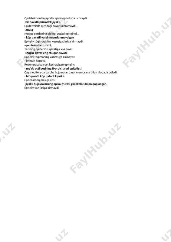 qaysi bòlinishida xromosomalarning soni ikki barobar qisqaradi: - meyozda. 1.#ko‘ndalang-targ’il skelet mushak tolasining qisqaruvchi apparatini hosil qiladi: -miofibrilla -sarkoplazma -yadro -sarkolemma -sitolemma 2.#ko‘ndalang-targ’il skelet mushak tolasining trofik apparatini hosilqiladi: -yadro va miofibrilla -miofibrillava mitoxondriya -yadrovaorganellalar -sarkolemma -sarkoplazma 3.#mushak to’qimasipreparatidaduksimonshaklli, markazida cho‘ziq tayog’chasimon yadro tutganhujayralar ko‘rinmoqda, bu: -silliqmushak to’qimasi -ko‘ndalang-targ’il yurakmushagi -ko‘ndalang-targ’il skelet mushagi -mioepitelial hujayralar -mushakduklari 4.#miofibrillar tuzilgan: -aktin va miozinprotofibrillalaridan -aktin protofibrillalari va nozik kollagen tolalardan -oraliq plastinkalar va miozindan -aktin vanebulin oqsillaridan -aktin protofibrillalari va nozik elastik tolalardan 5.#ingichka protofibrillalartutadiganoqsil: -aktin -miozin -nebulin -protonin -arginine 6.#a-disk o‘zida tutadi: -miozin va qisman aktin -miozin iplariva t-naychalar -aktin va oraliq plastinkalar -faqatgina aktin iplari -aktin va qismanmiozin ipchalari 7.#i-disk o‘zidatutadi: -faqat aktin iplari -faqat miozin iplari -aktin va miozin iplari -oraliq plastinkalar -tubulinoqsili 8.#ko‘ndalang- targ’il skelet mushaktolasituzilgan: -miosimplastva miosatellitotsitlardan -faqatmiosimplastdan -faqatmiosatellitotsitlardan -miosiplastvasarkolemmadan -miosintitsiy vamiosatellitotsitlardan. 9.#miosatellithujayralariningvazifasi: -qisqarish -impuls o‘tkazish -ximoya -kambial -fagotsitoz 10.#ko‘ndalang-targ’il skelet mushagidaniborat: -til -miokard -me'daning mushak pardasi -bachadon …