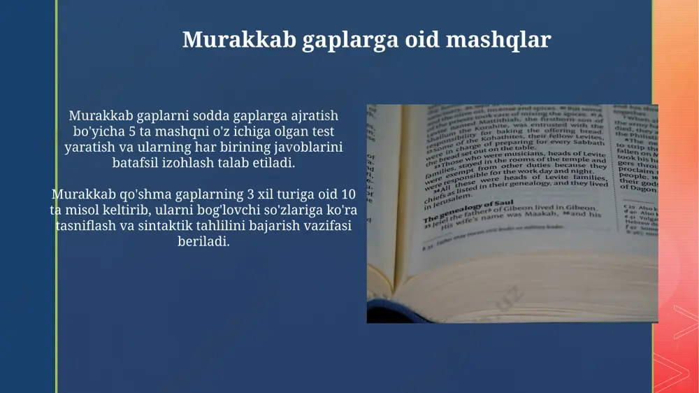 ichiga olgan murakkab tuzilmalar, rasmiy hujjatlarda, ilmiy asarlarda va adabiy asarlarda aniq va batafsil ma'lumotlarni yetkazish uchun qo'llaniladi. murakkab gaplarning qo'llanilishi nutqning ifodali vositalarini boyitadi, masalan, 3 xil bog'lovchi vosita yordamida murakkab gaplar tuzilishi orqali muloqot samaradorligini oshiradi va turli ma’nolarni ifodalashga imkon beradi. murakkab gapning tarkibiy qismlari murakkab gap ikki yoki undan ortiq sodda gaplardan (asosiy va qo‘shimcha qismlar) bog‘lovchi yoki intonatsiya yordamida hosil bo‘ladi, ularning har biri mustaqil fikr ifodalaydi. murakkab gapda kamida 2 ta kesim va 2 ta yoki undan ko‘p grammatik asos mavjud bo‘lib, ular mantiqiy jihatdan bog‘langan holda yagona fikrni ifodalaydi. murakkab gaplarning ma'no jihatdan farqi murakkab qo‘shma gaplarning 1-turida ikki sodda gap bog‘lovchi vositalar yordamida bog‘lanadi va ular orasida mantiqiy bog‘lanish 2 xil (birgalik, ketma-ketlik) bo‘lishi mumkin. murakkab izihovli gaplarning sodda gaplari orasidagi munosabatlar 4 ta asosiy tipga ega bo‘lib, birinchi qismi ikkinchi qismini izohlaydi yoki to‘ldiradi. murakkab itoatkor gaplar murakkab itoatkor gaplar ikki …