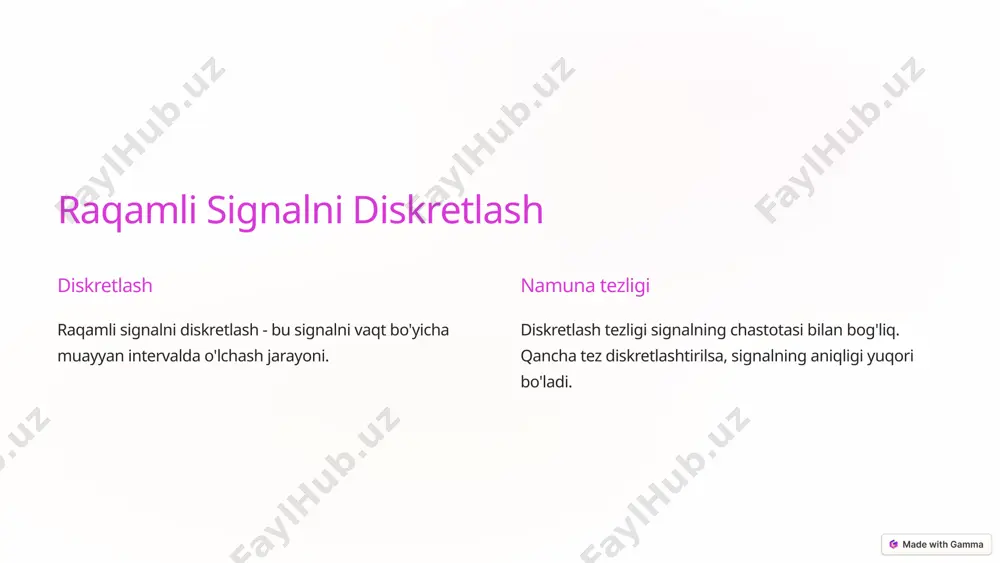g. 3 diskretlash tezligi diskretlash tezligi nyquist chastotasidan yuqori bo'lishi kerak. 7 xulosa va tavsiyalar raqamli signalni analogga o'girish - bu muhim jarayon bo'lib, u turli texnologiyalar va tizimlarni bir-biriga bog'lashga imkon beradi. diskretlash, kvantlash va dft kabi bosqichlar signalning aniqligini saqlash va istalgan xususiyatlarni olishda muhim rol o'ynaydi. nyquist-shannon teoremasi signalni aniqlik bilan tiklash uchun talab qilinadigan minimal namuna tezligini belgilaydi. 8 image1.png image2.png image3.png image4.png image5.png image6.png image7.png image8.png image9.png image10.png image11.png image12.png image13.png