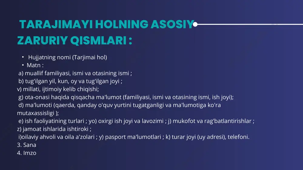 yuridik shaxsdan ikkinchisiga o'tkazishda, qurib tugallangan inshootlarni qabul qilishdan oldin va keyin, mashina va uskunalarning yangi nusxalarini sinovdan o'tkazish chog'ida, qimmatli buyumlarni hisobdan o'tkazish yoki hisobdan chiqarishda, tovarlarni miqdor va sifat bo'yicha qabul qilib olishda, baxtsiz hodisalar yoki tabiiy ofatlar oqibatlarini tekshirishda, sud-tergov ishlari va tibbiyot sohasida, xodimlarning moddiy, yashash sharoitlarini o'rganishda va boshqa hollarda tuziladi. 1. idora, muassasa va tarkibiy bo'linma nomi. 2.tuzilgan sanasi va joyi. 3. tartib raqami va tasdiq belgisi (zarur hollarda). 4. matn sarlavhasi. 5. hujjat turi nomi (dalolatnoma). 6.hujjatni tuzish uchun asos (muassasa rahbarining buyrug'i, idoraning qarori yoki ko'rsatmasi kabilar). 7. komissiya tarkibi (rais va a'zolar). 8. ishtirok etuvchilar (guvohlar). 9. dalolatnoma matni. 10. ilovalar (har bir ilovaning necha betligi ko'rsatiladi). 11. tuzgan va ishtirok etganlarning imzolari. 12. ijro haqidagi belgi. dalolatnomaning zaruriy qismlari: e’tiboringiz uchun rahmat image1.jpeg image2.png image3.png image4.png /docprops/thumbnail.jpeg