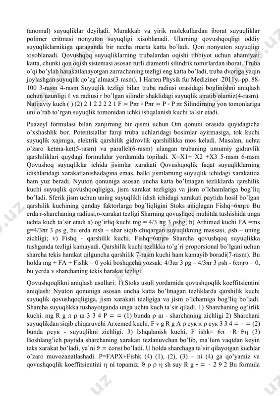 qlash: nyuton qonuniga asosan uncha katta bo’lmagan tezliklarda qarshilik kuchi suyuqlik qovushqoqligiga, jism xarakati tezligiga va jism o’lchamiga bog’liq bo’ladi. sharcha suyuqlikka tushayotganda unga uchta kuch ta`sir qiladi. 1) sharchaning og’irlik kuchi. mg r g ш 3 3 4 (1) bunda ш - sharchaning zichligi 2) sharchani suyuqlikdan siqib chiqaruvchi arxemed kuchi. f v g r g а сук сук 3 3 4 (2) bunda сук - suyuqlikni zichligi. 3) ishqalanish kuchi, f ishk= 6 r (3) boshlang’ich paytida sharchaning xarakati tezlanuvchan bo’lib, ma`lum vaqtdan keyin teks xarakat bo’ladi, ya`ni const bo’ladi. u holda sharchaga ta`sir qilayotgan kuchlar o’zaro muvozanatlashadi. p=fapx+fishk (4) (1), (2), (3) – ni (4) ga qo’yamiz va qovushqoqlik koeffitsientini ni topamiz. sh suy r g 2 9 2 bu formula yordamida suyuqlik qovushqoqligi aniqlanadi. 2). qovushqoqlik koeffitsientini vk-4 viskozimetri yordamida aniqlash: bu usulda tekshirilayotgan suyuqlikning qovushqoqligini distillangan suv qovushqoqligiga nisbatan aniqlashadi. vk – 4 viskozimetri 2 …