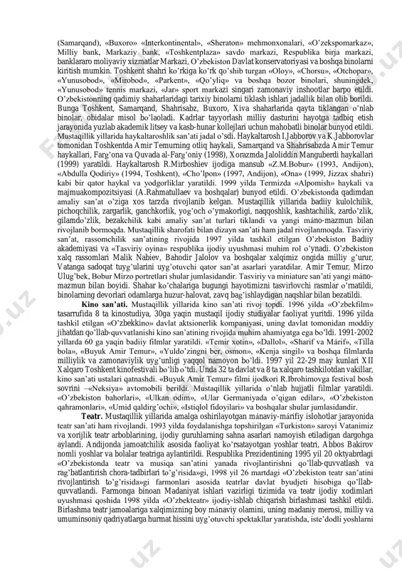 va tarixiy rivojlanishda bazi jihatlarga etibor bermoq lozim. ular: -kishilarning tabiiy, tarixiy va ijtimoiy birligini taminlaydigan etnik makonda shakllanadi, rang-barang tarzda, turli shakllarda namoen bo’ladi, kishilarning ongiga, xaetiga o’zida xos tarzda tasir qiladi; -millatdoshlarning o’ziaro munosabatlarida, ijtimoiy faoliyatlarida ko’ziga tashlanib turadi, ana shu munosabat, faoliyat, maqsad, extiej va intilishlar uchun manaviy asos bo’ladi; -moddiy, manaviy, iqtisodiy, siyosiy va boshka sohalarda muayyan natija sifatida yuzaga kelishi kishilar uchun zaruriyat sifatida o’zida xos aqamiyat kasb etishi ham mumkin; -ijtimoiy rivojlanish jaraenida o’zigarib, takomillashib, rang-barang jihatlar kashf etib boradi, doimiy yangilanib turadi, shu bilan birga avloddan-avlodga o’tadi, meros qoladi. bizningcha, milliy qadriyatlarning kuyidagilar bilan bog’lik shakllarini ajratib ko’rsatish mumkin: -millatning tabiiy betakrorligi, o’zida xosligi, tarixiy o’zigaruvchanligi va ijtimoiy rang- barangligi (genofondi); -millat tarixi, o’tmishi, kelajagi va manaviy merosi; -milliy xudud, moddiy va madaniy yashash sharoitlari; -iqtisodiy asos va ijtimoiy ustkurma; -urf-odatlar, ananalar, marosimlar, turmush tarzi va boshqalardagi milliylik. -milliy til, milliy madaniyat va …
