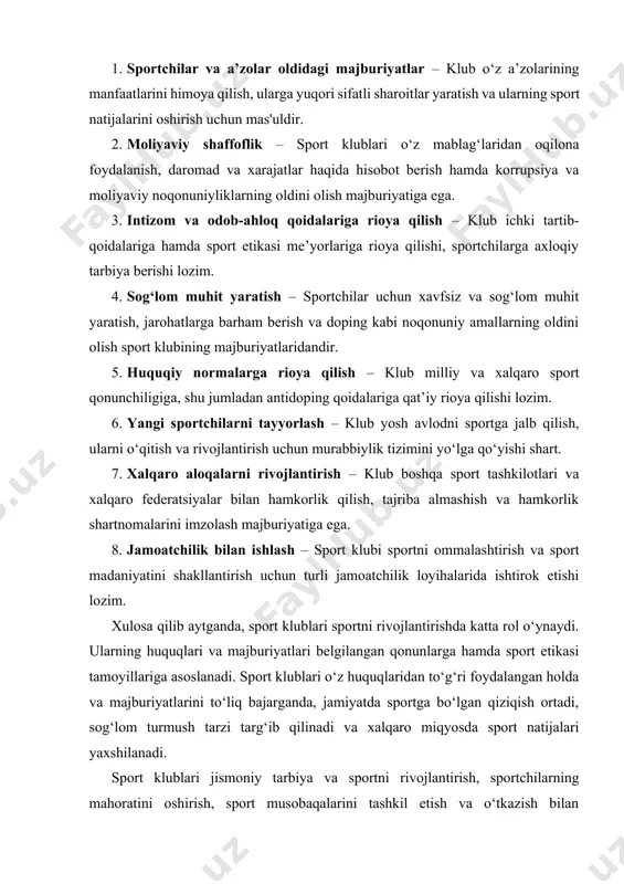 h, sportchilarning mahoratini oshirish, sport musobaqalarini tashkil etish va o‘tkazish bilan shug‘ullanadigan tashkilotlar hisoblanadi. ular sportchilar, murabbiylar, homiylar, muxlislar hamda boshqa manfaatdor tomonlar uchun muhim ahamiyatga ega. sport klubining huquqlari uning faoliyat yuritish imkoniyatlarini belgilab beradi va bu huquqlar sportni rivojlantirishga katta hissa qo‘shadi. sport klubi o‘z faoliyatini qonunchilik va tegishli sport federatsiyalari qoidalari asosida yuritadi. uning huquqlari ko‘plab jihatlarga taalluqli bo‘lib, ularga quyidagilar kiradi: 1. sportchilarni jalb qilish va shartnomalar tuzish huquqi sport klublari turli yosh va darajadagi sportchilar bilan shartnomalar tuzish huquqiga ega. ular professional sportchilarni jalb qilish, yosh iste’dodlarni tarbiyalash va ularning sport mahoratini oshirish bo‘yicha faoliyat yuritishi mumkin. klub sportchi bilan shartnoma tuzish orqali ularning huquq va majburiyatlarini belgilaydi. bu shartnomalar sportchi uchun moliyaviy va boshqa sharoitlarni ham o‘z ichiga oladi. 2. musobaqalarda ishtirok etish huquqi sport klublari o‘z sportchilari bilan milliy va xalqaro musobaqalarda qatnashish huquqiga ega. bu huquq sportchilar va murabbiylar uchun muhim bo‘lib, …