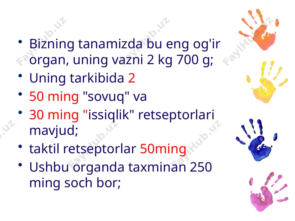 oto'g'ri ovqatlanish vitamin etishmasligi gormonal kasalliklar qo'ziqorin va parazitteri kasalliklari teri rang barang temiratkisi qo'tir vitiligo( pes) qo’tir (chesotka) педикулёз(бит ва сирка) понариций гиповитаминоз акне (угры-хусунбузар) папиллома (бородавка) крапивница (эшак ем) terining qaysi qismida qon va limfa tomirlari mavjud? terining qaysi qismida yog ‘va ter bezlari mavjud? ushbu funktsiyalardan qaysi biri teri dermasiga tegishli? terining qaysi qismi tanadan issiqlikni chiqarishga to'sqinlik qiladi? teri dermasi qanday to’qmaga kiradi? epitelial to'qimalarning qaysi turi teri epidermisini hosil qiladi? teri kasalliklarini davolovchi shifokor..... terida issiqni sezuvchi retseptorlar soni… terida sovuqni sezadigan retseptorlar....? terida taktil yani tuygu retseptorlari soni nechta? teriga rang beruvchi pigment va hujayra qaysi? teri nechta qavatdan iborat? terining tashqi qavati...deyladi terining o'rta qavati.... deyladi. terining ichki qavati... deyladi e’tiboringiz uchun katta rahmat ! 31 image3.png image5.png image1.png image2.png image6.png image7.png image8.png image9.jpeg image10.png image11.png image12.gif image13.jpeg image14.png image15.png image16.jpeg image17.png image18.jpeg image19.png image20.gif image21.jpeg image22.jpeg image23.jpeg image24.jpeg image25.png image26.jpeg image27.jpeg image28.jpeg …