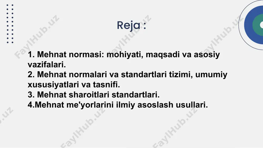 rish uchun ijtimoiy zarur mehnat xarajatlarini belgilash,  korxonalarda mehnatni oqilona taqsimlash uchun asos yaratish, 2. tashkiliy maqsadlar:  ishlab chiqarish quvvatlaridan maksimal darajada foydalanish,  mehnat jarayonini oqilona tashkil etish,  ish vaqtining ortiqcha isrof qilinishiga barham berish,  ishchilarning charchashini kamaytirish,  xodimlar sonini optimallashtirish,  mehnat unumdorligini oshirish. mehnatni tartibga solish tamoyillari  samaradorlik – minimal resurslar bilan maksimal natijalarga erishish;  izchillik - mehnat standartlari ishlab chiqarishning yakuniy natijalariga mos kelishi kerak;  xolislik - barcha xodimlar uchun standartlarni bajarish uchun teng imkoniyatlar (jinsi, yoshi va boshqalarni hisobga olgan holda);  o'ziga xoslik - mehnat me'yorlarining ishlab chiqarilayotgan mahsulot, mehnat ob'ektlari va vositalari parametrlariga, mehnat sharoitlariga, ishlab chiqarish turiga muvofiqligi;  dinamizm – ishlab chiqarish sharoitlari o‘zgarganda standartlarni o‘zgartirish;  qonuniylik – qonunlar va huquqiy hujjatlarga rioya qilish. ratsion ob'ektlari:  ish vaqti va dam olish vaqtiga sarflangan xarajatlar,  ishlab chiqarilishi kerak bo'lgan mahsulot miqdori …