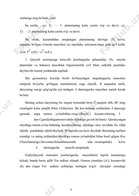 adi^ biror planetaning sutkalik gorizon-tal parallaks burchagini topish uchun bir vaqtda, yerni ma'lum meridianining ikki nuqtasidan (k va q uni kuzatish kerak bo'ladi. bunda planeta, uzoqdagi yulduzlarning fonida parallaktik siljigan holda ikki (m{ va m2) nuqtada ko'rinadi. planetaning parallaktik siljishi asosida pi burchak topilib, unga tayangan holda, l — planetagacha masofa, m^ok •- to'g'ri burchakli uchburchakdan quyidagicha topiladi: bundan l - 6- rasm. yoritgichning sutkalik (p) va sutkalik-go rizontal (p0) да = 206265 sin pq />0chunki sin pi = pq • sin г, sin г - ^06265 yer radiusini ifodalaydi. bu yerda r 2. ayni paytda quyosh sistemasi jismlarigacha masofalar radio-lokatsion metod yordamida ham juda katta aniqlik bilan topiladi. bunda yerdan birorta planetagacha yuborilgan signalning (elektromagnit to'lqin), unga borib qaytib kelishi uchun ketgan vaqt bo'lsa, u holda uning o'tgan yo'li 2l ekanini hamda radioto'lqinning tarqalish tezligi yorug'lik tezligi с bilan bir xilligini e'tiborga olib, с = ^ deb yozish mumkin. …