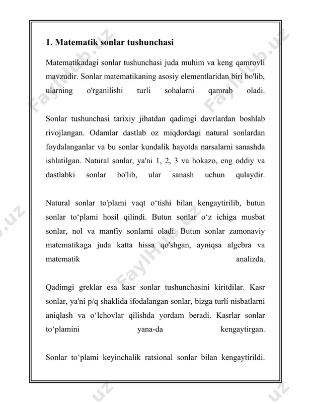 r to'plamlari bilan bog'liq holda o'rganiladi. tabiiy sonlarning tabiiy maksimal elementi yo'q, chunki ular chegaralanmagan. bu sonlar qatorini $\\mathbb{n}$ harfi bilan belgilash odat tusiga kirgan. tabiiy sonlar qatori elementlarining yig'indisi, ko'paytmasi kabi matematik amallar turli xil masalalarda qo'llaniladi. tabiiy sonlar jamlovchi, ya'ni butun musbat sonlar sifatida ham qaraladi. xar bir butun musbat son tabiiy son hisoblanadi. tabiiy sonlar qatorida eng kichik son 1, eng katta son esa mavjud emas. ushbu qator boshlang'ich nuqtasi aniq bo'lgan, ammo oxirgi nuqtasi yo'q bo'lgan qatorlar toifasiga kiradi. har qanday natural sonning o'zidan keyingi soni mavjud bo'lib, bu tabiiy sonlar qatorida har doim +1 qo'shish orqali hosil qilinadi. matematikada tabiiy sonlar bir qancha asosiy geometrik va algebraik xossalarga ega. masalan, tabiiy sonlar qatori uzluksiz bo'lmagan to'plamdir, ya'ni sonlar orasidagi o'zaro masofa hech qachon 0 ga teng emas. tabiiy sonlar qo‘shish operatsiyasiga nisbatan yopiq to‘plam hosil qiladi, ya’ni har qanday ikki tabiiy sonning yig‘indisi yana tabiiy …