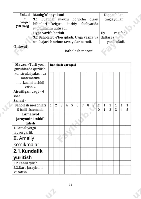. bu yerda, shuningdek, ijodiy yondashishni namoyon etish va bajariladigan ishga diqqatni jalb etishni o‘rganish mumkin. ushbu markazga tarbiyachilar va bolalar xoxish-istagiga ko‘ra ko‘plab turli narsalarni – o‘yinchoq mashinalar, yuk mashinalari, samolyotlar, gazlama bo‘laklarini qo‘shib qo‘yish mumkin. syujet-rolli o‘yinlar va dramalashtirish markazida bolalarda haqiqiy hayotdan olingan kichik sahna ko‘rinishlarini o‘ynashga xoxish-istak uyg‘otish uchun albatta kerakli kiyimlar va boshqa narsalar bo‘lishi zarur. bular ularda atrofda nimalar sodir bo‘layotganini anglash, ularni ajrata olish hamda hayotda o‘z o‘rinlarini tushunib yetishlariga yordam beradi. maktabgacha ta’lim muassasalari matematika mashg‘ulotlarida qo‘llaniladigan usullarning shakllari turli-tumandir. bu shakllarning har biri didaktik yo‘nalganligi, bolalarning mustaqillik darajasi, jamoaviy va individualma-individual ish nisbati, pedagogik rahbarlik xususiyatlari bilan shartlangan holda o‘ziga xosligi bilan farqlanadi. ko‘pincha bitta mashg‘ulotni amalga oshirish bolalarning bilishga oid faoliyatlarini tashkillashtirishning bir necha ko‘rinishlaridan foydalaniladi. masalan, umumiy shakl guruh bilan uyg‘unlikda yetarlicha samarador va sifatli oliy natijalarni beradi. maktabgacha yoshdagilar bilan eksperimental ish quyidagi bosqichlar doirasida olib borildi: 1-bosqich …