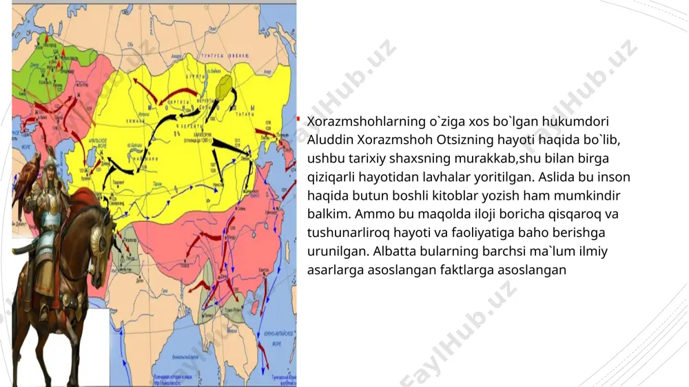 dilar,endi kim bo`ldilar”- degan savollarning barchasiga javob topish mumkin. shuning uchun tarixni mutolaa va u haqida munozara qilmoq kerak” – degan so`zlari bilan boshlashni joiz topdim. rostdan ham tarix ba`zan o`ta bevafo va adolatsiz jumladan xorazmshohlar davlatining ayanchli yakuni bunga misol. yoki sohibqiron amir temur zahmatlar ila birlashtirgan,tinchlik o`rnatgan davlatning parchalanib ketishi va oxir-oqibatda qulashi,yaqin tarixda esa yurtimiz mustaqilligi uchun kurashgan jadidlarning, yurt fidoiylarining taqdiri bunga yaqqol misol. xoramshoh otsiz hayotida ham xuddi shunday adolatsizliklar mavjud. ulardan eng muhimi xorazmshohlar mustaqilligi yo`lida 18 yillik kurashi(1138-1156-yillar) davomida kechgan zahmatlari(farzandidan ayrilishi,bir necha marotaba sulton sanjarga bosh egishga majbur bo`lishi, turli mag`lubiyatlar va g`alabalar)uchun unga davlatinining mustaqilligi,kuchayishi,tarqqiyotini ko`rish nasib etmadi ko`pchilik xotazmshohlar davlatini o`rganishni 1-o`rinda sulola asoschisi qutbiddin muhammad davridan o`rganish kerak deyishi yoki sulolaning asl mustaqilligini va qudratini ta`minlagan sulton takash davridan boshlash kerak deyishi mumkin. ammo menimcha xorazmshohlar tarixini o`rganishda,uning saljuqiylar qaramligidan qanday mustaqillik tomon qadam qoyib borganligi, qudratli davlatga aylanganligini …