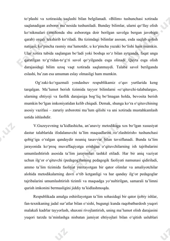yonlari tashkil etiladi. har bir aniq vaziyat uchun ilg‘or o‘qituvchi (pedagog)larning pedagogik faoliyati namunasi qidiriladi, ammo ta’lim tizimida faoliyat yuritayotgan bir qator olimlar va amaliyotchilar alohida metodikalarning davri o‘tib ketganligi va har qanday ilg‘or pedagoglar tajribalarini umumlashtirish tizimli va maqsadga yo‘naltirilgan, samarali ta’limni qurish imkonini bermasligini jiddiy ta’kidlashmoqda. respublikada amalga oshirilayotgan ta’lim sohasidagi bir qator ijobiy ishlar, fan-texnikaning jadal sur’atlar bilan o‘sishi, bugungi kunda raqobatbardosh yuqori malakali kadrlar tayyorlash, shaxsni rivojlantirish, uning ma’lumot olish darajasini yuqori tarzda ta’minlashga nisbatan jamiyat ehtiyojlari bilan o‘qitish uslublari o‘rtasida ziddiyatlar tug‘ilishiga olib keladi. shuning uchun ta’lim jarayonida boshqa yondashuvlarni qo‘llash muhim ahamiyat kasb etadi. tadqiqiy-ijodiy yondashuv. ta’limning maqsadi talabada biror muammoni yechish qobiliyatini o‘stirish, yangi bilim va tajribani mustaqil ravishda o‘zlashtirish, harakatning yangi zamonaviy usullarini topish va tashabbus ko‘rsatishni nazarda tutadi. tadqiqiy–ijodiy yondashuvda pedagog talabaning o‘quv faoliyatiga rag‘batlantiruvchi usulda rahbarlik qiladi, shaxsiy tashabbusini qo‘llab-quvvatlab, u bilan hamkorlik qiladi hamda uning fikr va qiziqishlarini doimo …