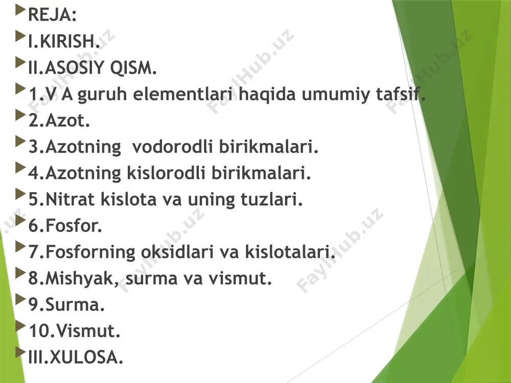 labaratoriyada ammoniyli tuzlarga ohak ta’si ettiriladi: (nh4)2so4 + ca(oh)2 = 2h2o + 2nh3+ caso4 2nh4cl + cao = 2nh3 + cacl2 + h2o nitridlar gidrolizida ham ammiak hosil bo’ladi: mg3n2 + 6h2o = 3mg(oh)2 + 2nh3  sanoatda ammiak toshko’mirni koksga aylantirganda hosil bo’ladi. azot va vodoroddan ammiak sintez qilish taber usuli ham deyiladi: 3h2 + n2  2nh3 + 46.19 kj./mol ishlatilishi: natriy amid - nanh2, rangsiz kristall. suyuqlanish harorati 210ºs. natriyning suyuq ammiak bilan ta’siri orqali olinadi: 2na + 2nh3=2nanh2 + h2 2nanh2 + 2na = 2na2hn + h2 2na2nh +2na= 2na3n + h2 ammoniy ioniga sifat reaksiya: ammoniy tuzlarining ishqorlar ta’siridan parchalanishi va nh3 ajralishi ammiak aniqlashdagi sifat reaksiyalardan biri hisoblanadi: nh4cl+naoh=nh3 +nacl+h2o gidrazin. h2n-nh2- rangsiz, havoda tutaydigan suyuqlik (suyuql. harorati -52os, qaynash harorati 119os). azotning oksidlanish darajasi -2, valentligi 3. gidroksilamin. 33,1 os da suyuqlanadigan rangsiz krisrall. azotning valentligi 3, oksidlanish darajasi -1. nitrat kislotaning elektroliz …