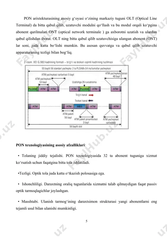 gi e-pon tarmog‘i uchun to‘g‘ri kelmaydi. g-pon texnologiyasi takomillashish jarayoni har qanday texnologiyaning yaratilish paytidan boshlab birga sodir bo‘ladi. passiv optik tarmoqlar uchun u bir qancha variantlarni yaratilishini ko‘rsatadi, ulardan biri «gigabitli» nomini olgan g-pon texnologiyasining afzalliklari nimadan iborat va u zamonaviy ulanish tarmog‘ini amalga oshirishga qay darajada mos keladi. g-pon(gigabit pon) ulanish tarmog‘i arxitekturasini a-pon texnologiyasining uzviy davomi sifatida qarash mumkin. bunda, pon tarmog‘ining o‘tkazish polosasini ham, ilovalarni uzatish unumdorligini ham o‘sishi amalga oshadi. g-pon itu-t rec. g.984.3 standarti 2003-yil oktabrida qabul qilingan. abonent tarmoqlarida qo‘llaniladigan passiv optik qurilmalarni solishtirish yuqoridagi boblarda ko‘rib chiqilgan pon texnologiyalarini bir-biridan qanday kamchiliklari va afzalliklari borligini solishtirma tahlilini quyidagi jadvalda keltiramiz. yuqoridagi solishtirishlardan uchala texnologiyaning bir-biridan farqlari hamda afzalliklarini ko‘ramiz. bu solishtirishlardan eng yaxshi variant sifatida g-pon texnologiyasini olishimiz mumkin. biroq, bu texnologiyaning qurilmalari e-pon texnologiyasining qurilmalaridan ancha qimmatroq hisoblanganligi uchun iqtisodiy jihatdan e-pon texnologiyasi samaraliroq bo‘lishi mumkin. shunday bo‘lsa ham, g-pon texnologiyasi …