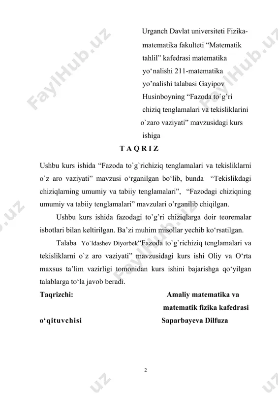 iziq orasidagi masofala iii bob. to’g’ri chiziqlar va tekislik 1. to’g’ri chiziq va tekisliklar orasidagi burchak, ularning parallellik va perpendikulyarlik shartlari 2. fazodagi to’g’ri chiziq va tekislikka doir ba’zi formulalar 3. iii bob mavzulariga doir misollar foydalanilgan adabiyotlar k i r i s h. hozirgi zamon ilmiy texnika taraqqiyoti muhandis – texnоlog mutaxasislarining matematik tayyorligini takomillashtirishni talab etadi. shu nuqtai nazardan oily texnika o’quv yurtlari talabalari oldida turgan asosiy vazifalardan biri, ular o’z bilimlarini mustaqil to’ldira olishlari, zarurratga qarab esa mutlaqo yangi sohalar va fanlarni mustaqil egallay olishlaridan iborat. ushbu uslubiy qo’llanma “analitik geometriya”ning asosiy bo’limlaridan “fazoda to’g’ri chiziq va tekislik” bo’limidan “mustaqil ta’lim” topshiriqlarini bajarish bo’yicha tegishli uslubiyat bayon etilgan. har bir mavzuga doir bir nechta namunaviy misollar to’la va mukammal yechib ko’rsatilgan, hamda har bir talabaga alohida variantda mustaqil ishlar berilgan. bu qo’llanma davlat ta’lim standartlari. oily matematika bo’yicha “kimyo texnologiya-biotexnolgiya, oziq-ovqat texnologiyasi, kpt (kt)” yo’nalishlari o’quv ishchi …