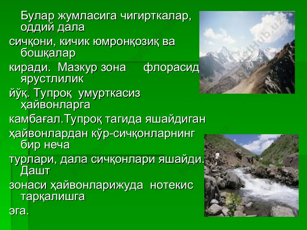 ган тўзлар эса ўсимликлар қопламининг улар билан боғлиқ ҳолда ҳайвонларнинг хилма-хиллигини камайишига сабаб бўлмоқда. каналлар, транспорт йуллари қурилиши, турар-жой бинолари эгаллаган майдонинг чўллар ҳисобига ортиши чўл зонаси фаунасининг сифат ва мик дор жихатидан камайишига сабаб бўлмоқда. шу нуқтаи-назардан қараганда, ҳар кандай бунёдкорлик фаолиятларининг амалга оширишдан аввал табиат комплексларига мазкур фаолиятнинг таъсирини олдиндан аниқлаш минтақадаги ҳайвонот дунёсини бус-бутунлигича сақлаб қолишда муҳим аҳамиятга эга.