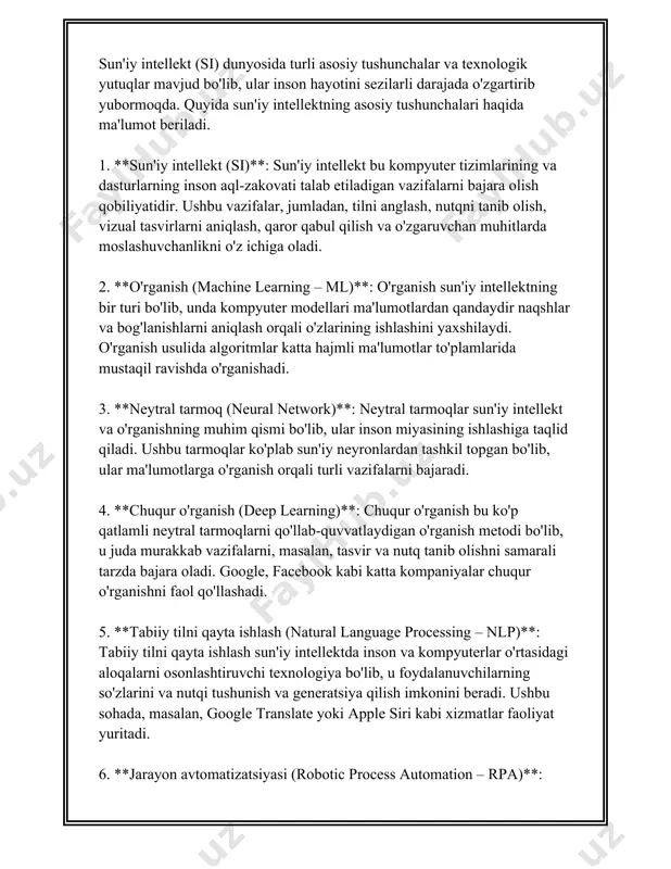 osita bo'ladi. 8. **ekspert tizimlari (expert systems)**: ekspert tizimlari bir yoki bir nechta sohalarda mutaxassis bilimlarni taqlid qiladigan dasturlar bo'lib, ular murakkab qaror qabul qiluvchi muammolarni hal qilishda yordam beradi. 9. **mustaqil agentlar (autonomous agents)**: mustaqil agentlar sun'iy intellekt tizimlari bo'lib, ular o'zlari atrofidagi muhitga javob qaytarish va maqsadlariga erishish uchun mustaqil ravishda harakat qila oladi. 10. **mashinani tushunish (perception)**: mashinalar yoki robotlar muhitni sezib-tanish qobiliyatidir, ya'ni ko'rish, eshitish kabilarni o'z ichiga oladi. masalan, avtobuslarga o'rnatilgan kameralar yordamida qoidabuzarliklar aniqlanadi. so'nggi yillarda sun'iy intellekt texnologiyalari tez sur'atlar bilan rivojlanmoqda va bu jarayon kelajakda ham yanada jadallashadi. birlashgan millatlar tashkilotining ma'lumotlariga ko'ra, 2030 yilga kelib sun'iy intellekt global iqtisodiyotga 15 trillion aqsh dollaridan ortiq foyda keltirishi kutilmoqda. sun'iy intellekt inson hayotining turli jabhalariga kirib borishi bilan uni jamiyatda to'g'ri qo'llash va boshqarish muhimdir. 2. mashinani o'rganish usullari va algoritmlari. mashinani o'rganish - bu sun'iy intellektning bir qismi bo'lib, ushbu sohada tadqiqotchilar …