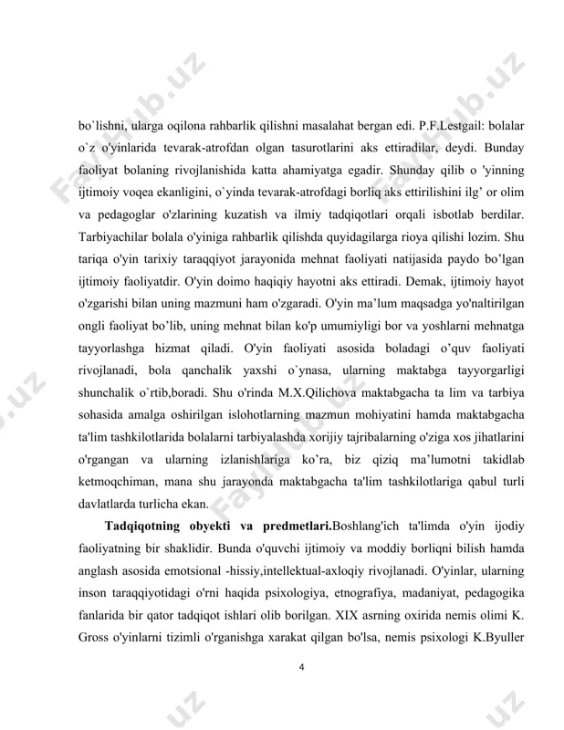 n va ularning izlanishlariga ko’ra, biz qiziq ma’lumotni takidlab ketmoqchiman, mana shu jarayonda maktabgacha ta'lim tashkilotlariga qabul turli davlatlarda turlicha ekan. tadqiqotning obyekti va predmetlari.boshlang'ich ta'limda o'yin ijodiy faoliyatning bir shaklidir. bunda o'quvchi ijtimoiy va moddiy borliqni bilish hamda anglash asosida emotsional -hissiy,intellektual-axloqiy rivojlanadi. o'yinlar, ularning inson taraqqiyotidagi o'rni haqida psixologiya, etnografiya, madaniyat, pedagogika fanlarida bir qator tadqiqot ishlari olib borilgan. xix asrning oxirida nemis olimi k. gross o'yinlarni tizimli o'rganishga xarakat qilgan bo'lsa, nemis psixologi k.byuller o'yinlarni "qoniqish hosil qiluvchi" faoliyat sifatida tadqiq etadi. l.s. vigotskiy, a.n.leontyevlar fikricha, o'yinlarni nazariy jihatdan ijtimoy tabiatiga ko'ra ma'lum faoliyatiga yo'naltirilganligi bilan bog lab, tadqiq etgan bo'lsalar, d.b.elkonin shaxs xulqini boshqarishni tarkib toptirib , uni takomillashtiruvchi faoliyat sifatida talqin etadilar.lekin o'yinlarni yagona va eng muhim asosiy xususiyati uning ta'limdagi axamiyatliligidir. o'yinlarda bolaning xulqi erkin shakllanadi va ijtimoiylashadi.o'yinlarning eng muhim jihati uning ikki tomonlama xarakterga egaligi bo'lib, uning dramatik san'atga ham mosligidir. bir tomondan …