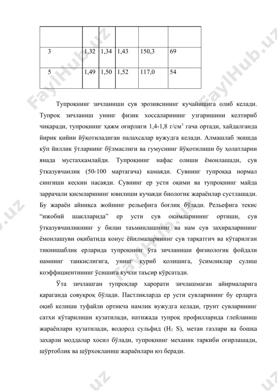 юқори, турғун сув ўтказувчанликни барпо этади. шунинг учун ўта зичланишни йўқотиш учун кўп йиллик ўтлар билан алмашлаб экишни йўлга қўйишни қатъиян сақлаш зарур. шунингдек бир вақтнинг ўзида бир неча технологик операцияларини бажарувчи оғир тракторлар турли хил техника ва агрегатларнинг кўп сонли қатновини қисқартириш зарур. тупроқ зичланишни тупроқ унумдорлигига кўрсатадиган таъсирини қуйдаги жадвалдан кўриш мумкин. (жадвал23). кўпчилик илдизларининг зичлиги 1.4-1.6 г/см3 ва ундан кўп бўлган тупроқ қатламларга ўтиши қийин, уларнинг ривожланиши жуда қийин, зичланишнинг юқорироқ кўрсаткичларида илдиз системаларининг ўсиши жуда қийин (ҳатто мумкин эмас). агар мевали дарахтларни тупроқ зичланганлигига турғунлигини оладиган бўлсак улар қуйдаги тартибда жойлашадилар: гилос > ўрик >нок >олма, олхўри >олча. тупроқ зичланиши ҳосилдорликка, ер меваларида қанд тўпланишига салбий таъсир кўрсатади ва тупроқ муҳитини нордонлигини оширади. шунинг учун боғ дарахтлари ва узумзорлар барпо этишда тупроқ чуқур ҳайдалиб, мелиоратив ишлов берилади. (жадвал 23). илдиз қатламлари ҳар хил даражада зичлангандаги кўп йиллик дарахт ўсимликлари учун тупроқ унумдорлик кўрсаткичлари тупроқ профилининг тузилиши. …