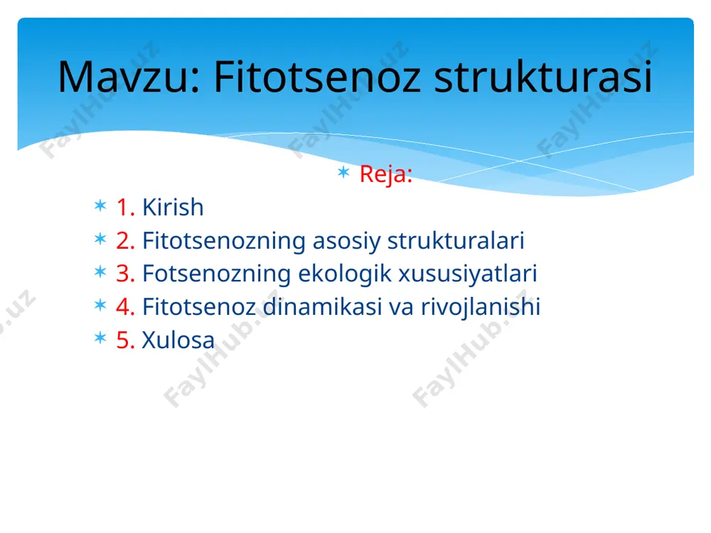 orat o‘simliklar tarkibini belgilaydi. iqlim o‘zgarishlari fitotsenozning tarkibiga ta’sir qilishi mumkin. fitotsenoz dinamikasi va rivojlanishi suksessiya jarayonlari birlamchi suksessiya – yangi paydo bo‘lgan hududda o‘simliklar jamoasining shakllanishi (masalan, vulqon lava ustida). ikki lamchi suksessiya – buzilgan ekotizimlarda o‘simliklar jamoasining qayta tiklanishi (masalan, kesilgan o‘rmonlar joyida). antropogen ta’sirlar inson faoliyati (dehqonchilik, sanoat, urbanizatsiya) natijasida fitotsenoz tarkibi o‘zgaradi. ba’zi o‘simlik turlari yo‘qolishi yoki yangi invaziv turlar paydo bo‘lishi mumkin. xulosa fitotsenoz tabiiy ekotizimlarning asosiy qismi bo‘lib, uning tuzilishi va dinamikasi o‘rganilishi muhim. uni asrash va barqaror rivojlanishini ta’minlash ekologik muvozanatni saqlashga yordam beradi. foydalanilgan adabiyotlar 1.jumaniyozova m “geobatanika’’ 2. arxiv.uz etiboringiz uchun raxmat!!! image2.png /docprops/thumbnail.jpeg