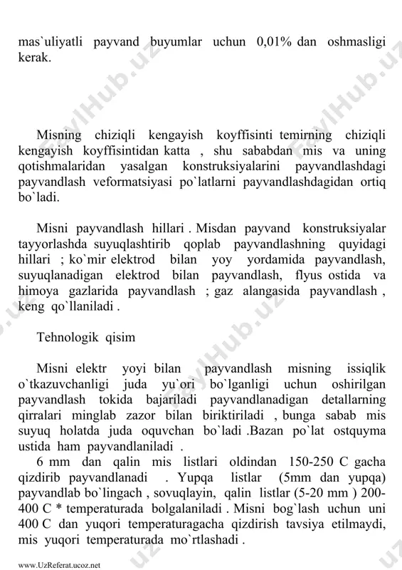 - 50 10-20 - qizdirilgan bura … 100 50 60-70 50 fosfor kislota … - - - - natriy kislotasi… - - - 15 kremniy kislota… - - - 15 pista ko`mir… - - - 15 osh tuzi … - - 20-30 - fosforli bronza chziqlar bilan payvandlashda flyus sifatida 94-69% bura 6 -4 % magniy metal kukinidan foydalanish mumkin . flyus yoriqqa va chiziqqa sepiladi. oksidlanishdan saqlash va metal donalarining yiriklashshini oldini olish maqsadida payvandlash tez va bir o`tishda bajariladi. mis qoplamali metal elektrodlar bilan payvandlashda yahshi natijaga erishish uchun mis tarkibidagi kislorod miqdoro 0,01% dan ortiq bo`lsa payvand brikmalarining mehanikaviy hossalari yomonlashadi. misni payvandlashda “komsomolets-100” markali elektirodlar islatiladi “komsomolets-100” elektirodning qoplamasining tarkibida : plavik shpati -12,5 % dala shpati-15 % ferromargenets mp 1, mp 2 – 47,5% , kremniyli mis - (73-75% mis ,23-25% kremniy , ko`pi bilan 1,5 % aralashma)-25% bor . “komsomolets-100” elektirodlari bilan payvandlash rejimlari …