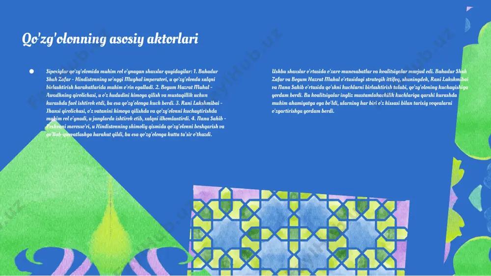 ri kuchayib, xalq harakati avj oldi, bu kelajakdagi mustaqillik harakatlariga zamin yaratdi. iqtisodiy o'zgarishlar iqtisodiy jihatdan, qo'zg'olon yangi savdo yo'llarini ochdi va iqtisodiy faoliyatlarni diversifikatsiya qildi. bu hindistonning iqtisodiy rivojida muhim rol o'ynadi. hindiston rivojiga ta'siri umuman olganda, sipoxiylar qo'zg'oloni hindiston jamiyatining rivojiga katta ta'sir ko'rsatdi. ijtimoiy, siyosiy va iqtisodiy o'zgarishlar xalqni birlashtirib, kelajakdagi o'zgarishlar uchun mustahkam poydevor yaratdi. 01 02 03 04 qo'zg'oloming yenglish sabablari qo'zg'oloning yenglish sabablari hindiston tarixida muhim o'rin tutadi. ushbu sabablarga ijtimoiy adolatsizlik, siyosiy repressiyalar, iqtisodiy qiyinchiliklar va madaniy xususiyatlar kiradi, har biri qo'zg'olonga ta'sir ko'rsatgan. ijtimoiy sabablari: - ijtimoiy adolatsizliklar va tengsizliklar. - o'zaro ijtimoiy ziddiyatlar va sinfiy farqlar. - kambag'allik va uning oqibatlari. siyosiy sabablari: - hukumatning siyosiy repressiyalari va mustamlakachilik siyosati. - o'zgarishlarga qarshi turish va fuqarolar huquqlarining cheklanishi. - milliy harakatlarning sustlanishi. ekonomik sabablari: - iqtisodiy qiyinchiliklar va qashshoqlik. - resurslarga bo'lgan raqobat va monopoliyalarning kuchayishi. - savdo va ishlab chiqarishdagi …
