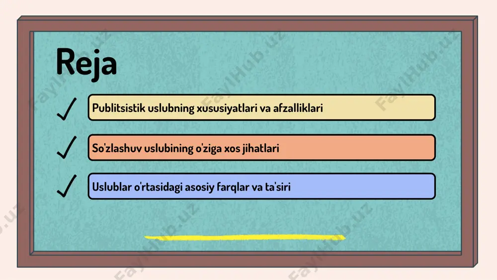 oriyaga ta'sir ko'rsatish maqsadida qo'llaniladi. so'zlashuv uslubi esa, asosan, shaxsiy va noformal muloqotda ishlatiladi, ya'ni do'stlar yoki tanishlar bilan suhbatda. har bir uslub o'zining o'zaro munosabatlariga ega bo'lib, masalan, publitsistik uslub ijtimoiy muammolar yoki yangiliklar haqida gapirganda, so'zlashuv uslubi esa shaxsiy his-tuyg'ularni ifodalashda qo'llaniladi. misol uchun, jamoatchilikka murojaat qilishda publitsistik uslubdan foydalanish kerak, ammo do'st bilan suhbatda so'zlashuv uslubini tanlash maqsadga muvofiqdir. case study sifatida, masalan, bir jamoat nutqi va bir shaxsiy suhbatni taqqoslash mumkin. bunda, jamoat nutqida aniq maqsadlar va auditoriya e'tibori ko'zda tutiladi, shaxsiy suhbatda esa erkin va ochiq fikr almashinuvi ro'y beradi. so'zlashuv uslubining o'ziga xos jihatlari so'zlashuv uslubi, kundalik hayotda insonlar orasidagi muloqotda keng qo'llaniladigan uslubdir. bu uslub o'zaro fikr almashish va hissiyotlarni ifodalashda muhim ahamiyatga ega bo'lib, tabiiy va samimiy nutqni aks ettiradi. - nutqning erkinligi va tabiiyligi - o'zaro muloqotga moslashuvchanlik - shaxsiy hissiyotlar va fikrlar ifodasi - oson tushuniladigan va sodda uslubda ifoda …