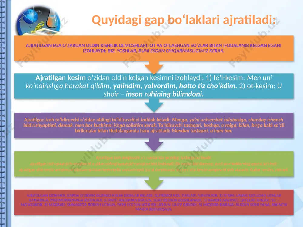 amiyati avvalgiga nisbatan kuchay-di: uning mazmuni ta’kid bilan berildi, unga diqqat kuchayii-rildi. buning natijasida u bo’lak avvalgi holatdagiga nisbatan (mehribon ona) kuchaygan ayrimlik va mustaqillikka (nisbiy mustaqillikka) ega bo’ldi: mehribon ona birikmasida birinchi so’z ikkinchi (bosh — hokim) so’zga tobe, qaram, u bilan zich bog’-langan: onam, mehribonim konstruktsiyasida esa keyingi so’zning o’zi ayrim tasdiqni bildirish darajasiga borib qolgan. chog’ish-tiring: mehribon onam keldi — onam, mehribonim, keldi.— onam keldi, u mehribon. demak, bu aniqlovchi predikativlik elementi-ga — yarim predikativlikka ega. aniqlovchining ajratilishy fikrni emoshyunallik bilan, ifodali, ta’sirli qilib berishga xizmat qiladi. yuqoridagi tipda ayrimlikka ega bo’lgan ikkinchi darajali bo’laklar gapning ajratilgan bo’laklari sanaladi. anglashiladiki, biror bo’lakni ajratish hodisasi mazmun, grammatik (sintaktik) va intonatsion jihatdan o’zgarish hosil qilish bilan bog’langan. demak, bunday vaqtlarda gapning struk-turasida ham o’zgarish bo’ladi. yana quyidagi misollarni chog’ishtiraylik: erkin ukam inje-ner bo’ldi.— erkin, ukam, injener bo’ldi. birinchi gapda erkin so’zi ukam so’ziga odatdagi aniqlovchi (keng ma’noda) bo’lib kelgan: …