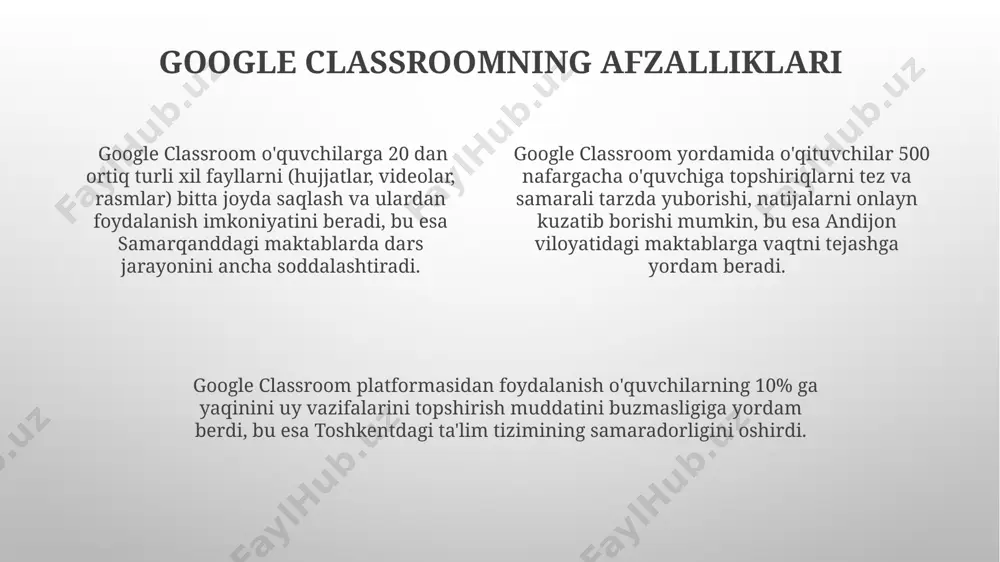 h uchun uning ismini sinf ro'yxatidan toping va "o'chirish" tugmasini bosing. bunday holda, o'chirilgan talaba barcha topshiriqlarga kirish huquqidan mahrum bo'ladi. google classroomga kirish google classroom interfeysi juda sodda va intuitiv: 10 ta asosiy funksiya bor, ular sizga darslarni boshqarish, topshiriqlarni topshirish va baholash imkonini beradi. bu sizga vaqtni tejashga yordam beradi. google classroomda 1000 nafargacha talaba bo'lgan sinflarni yaratishingiz mumkin. bu katta miqyosdagi onlayn ta'limni tashkil qilish imkonini beradi, masalan, toshkent shahridagi universitetda. google classroomga kirish uchun sizga google hisobi, internetga ulanish va brauzer (masalan, chrome yoki firefox) kerak bo'ladi. o'zbekistonning istalgan nuqtasidan, hatto 5 mbps tezlikdagi internet orqali ham kirishingiz mumkin. talabalar bilan aloqa talabalarning 70% dan ortig'i google classroom’dagi forumlardan foydalanib, dars mavzusi bo'yicha 10 tadan ortiq fikr almashish orqali faol ishtirok etishmoqda. sinfdagi 35 ta talabadan 25 tasi google meet orqali onlayn darslarda muntazam ishtirok etib, o'z savollarini darhol berish imkoniyatiga ega bo'ldilar. google classroom’da 20 …