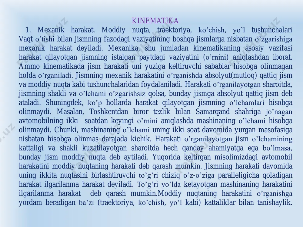 zunligi l2 bo’lgan ko’prikdan to’liq o’tishi uchun uning bosib o’tgan yo’li ga teng bo’lishi kerak l1 l2 yechish: uzunligi l1 bo’lgan poyezd, uzunligi l2 bo’lgan ko’prikdan to’liq o’tishi uchun uning bosib o’tgan yo’li ga teng bo’lishi kerak demak, poyezd ko’prikdan to’liq o’tishi uchun uning bosib o’tgan yo’li ___ ga teng bo’lishi kerak. javob: 700 m 2. sportchi uzunligi 400 m bo’lgan yugurish yo’lakchasini 2 marta aylanib chiqib, start berilgan joyga qaytib keldi. bu harakatda sportchining bosib o’tgan yo’li l va uning ko’chish moduli | | nimaga teng? berilgan: l=400m, n=2, l=?, | |=? yechish: sportchi uzunligi l bo’lgan yugurish yo’lakchasini n marta aylanib chiqqanligi uchun uning bosib o’tgan yo’li l=n*l=2*l=2*400m=800m ga teng. ko’chish tarifiga ko’ra sportchining boshlang’ich va oxirgi vaziyatlari ustma-ust tushmoqda. shuning uchun uning ko’chishining moduli | |=0 ga teng bo’ladi . javob: l=800 m, | |=0. s  s  s  s  1. sportchi suv havzasida …