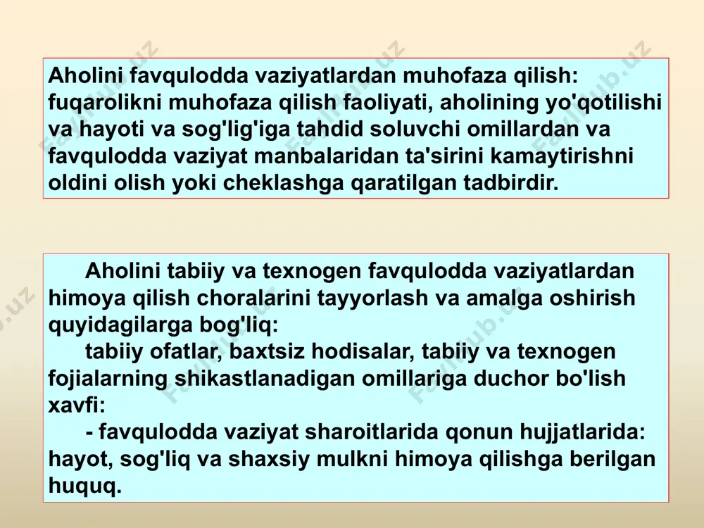 gi qurilmalarga ega: - dosimetrik asboblar; - kimyoviy razvedka qurilmalari; - himoya kiyim; - favqulodda asboblar to'plami; - favqulodda yoritish vositalari; - oziq-ovqat va suv ta'minoti; - sanitariya mulki. boshpana quyidagi yozuvlarni saqlashi kerak: - xarakteristikasini va uning mazmunini belgilash; - uskunaning pasporti, rejasi va varaqlari; - tashqi va ichki tarmoqlar diagrammasi uzilganligini ko'rsatadigan qurilmalar - boshpana maqomini tekshirish boshpana turli xil tizimlar bilan jihozlangan: - filtrlash tizimi; - elektr ta'minoti tizimi; - aloqa tizimi; - suv ta'minoti va kanalizatsiya tizimi; - isitish tizimi. prefabrik himoya vositasi odamlarni urush davrida zamonaviy qurollarning zararli omillariga va favqulodda vaziyatlarning favqulodda vaziyat manbalariga zararli omillarga qarshi shaxsiy himoya uskunalaridan foydalanmasdan tinchlik davrida insoniyatga va tabiiy ofatlarga qarshi himoya qilish uchun mo'ljallangan. prefabrik elementlardan qurilgan bvu prefabrik uy-joylarning ichki uskunalari quyidagilardan iborat: - havo bilan ta'minlash vositasi; -qum va mato filtrlari; - suv tanklari; - chiqindilar va chiqindilar uchun tanklar; - havoni chiqarish vositasi; …