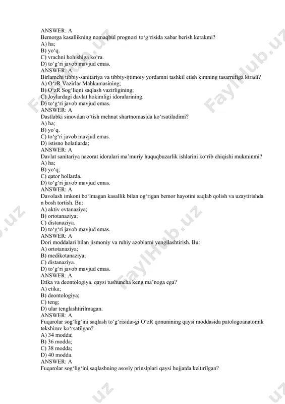 a erkinligi to‘g‘risidagi o‘zr konstitutsiyasining moddasi? a) 16 modda; b) 17 modda; c) 18 modda; d) 19 modda. answer: a harakatni jinoyat deb atash imkonini beradigan tavsiflovchi belgi: a) jamiyat uchun xavfliligi; b) og‘ir oqibati; c) amalga oshirish usuli. d) to‘g‘ri javob mavjud emas. answer: a hozirgi vaqtdagi «vrach xatosi» tushunchasi kim tomonidan kiritilgan: a) n.i.pirogov; b) i.p.pavlov; c) i.v.davidovskiy. d) to‘g‘ri javob mavjud emas. answer: a huquq va qonun bilan himoyalanadigan manfaatlariga oxirgi zarurat holatida ziyon yetkazilsa jinoyat hisoblanadimi? a) ha; b) yo‘q. c) to‘g‘ri javob mavjud emas. d) istisno holatlarda; answer: a huquqbuzarlik uchun ma’muriy jazoning qo‘llanilish muddati? a) amalga oshirilgandan bir oydan kam bo‘lmagan muddatda; b) amalga oshirilgandan ikki oydan kam bo‘lmagan muddatda; c) amalga oshirilgandan olti oydan kam bo‘lmagan muddatda; d) amalga oshirilgandan o‘n ikki oydan kam bo‘lmagan muddatda. answer: a intizomiy jarima kim tomonidan qo‘llaniladi: a) ishga qabul qilish vakolati berilgan shaxs; b) bo‘linma rahbar; …