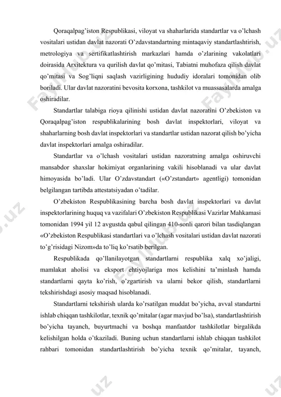 espublikada qo’llanilayotgan standartlarni respublika xalq xo’jaligi, mamlakat aholisi va eksport ehtiyojlariga mos kelishini ta’minlash hamda standartlarni qayta ko’rish, o’zgartirish va ularni bekor qilish, standartlarni tekshirishdagi asosiy maqsad hisoblanadi. standartlarni tekshirish ularda ko’rsatilgan muddat bo’yicha, avval standartni ishlab chiqqan tashkilotlar, texnik qo’mitalar (agar mavjud bo’lsa), standartlashtirish bo’yicha tayanch, buyurtmachi va boshqa manfaatdor tashkilotlar birgalikda kelishilgan holda o’tkaziladi. buning uchun standartlarni ishlab chiqqan tashkilot rahbari tomonidan standartlashtirish bo’yicha texnik qo’mitalar, tayanch, buyurtmachi (asosiy iste’mochilar) va boshqa manfaatdor tashkilotlar vakillaridan iborat komissiya to’ziladi. tekshiriladigan standartlar ro’yxati standartlashtirish bo’yicha yillik va istiqbol rejalari loyihalariga kiritiladi. standartlarni tekshirish jarayonida ko’rsatkichlar nomenklaturasi va ularning miqdori, me’yorlar, qoidalar, tavsiflar, atamalar va tushunchalar. belgilar, uslublar, fizik kattalik birliklari; shuningdek, mahsulotning inson hayoti va sog’ligi uchun xavfsizligi, atrof-muhitni muhofaza qilish, o’zaro almashuvchanligini ta’minlaydigan hamda belgi qo’yish va nazorat qilish usullarini harakatdagi qonunchilik, standartlashtirish davlat tizimi va boshqa me’yoriy hujjatlar, xalqaro mintaqaviy va rivojlangan xorijiy davlatlarning standartlari (iso, mek va …