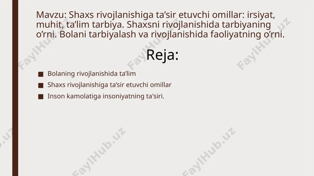 riga, aloqalariga yoshi, bilim, odatlari, tashabbusi va nihoyat vaziyat ham ta'sir qiladi. masalan: bir xildagi ta'sirida har xil bola turlicha munosabatda bo'ladi, bu ayni paytda bolaning ehtiyoji qandayligiga ham bog'liqdir. shaxs rivojlanishiga ta'sir e'tuvchi omillar shaxsning kamolga etishida irsiyat, ijtimoiy muhit ham, ta'lim tarbiya va nihoyat o'zining mutsaqil faoliyati ham muhim ahamiyatga e'ga. shaxs qaysi jamiyatda yashasa, shu jamiyatdagi qonun qoidalarga asosan kamol topadi. shu jamiyatning moddiy va ma'naviy rivojlanganligi, uning shaklanishiga har tomonlama ta'sir ko'rsatadi. shu davlatda texnika, texnologiya, avtomatika, telemexanika, elektrlashtirish, gaplashtirish va hakozalar uning ongiga, aqliy va axloqiy rivojlanishiga ta'sir e'tadi.odam atrof muhitini qancha ko'p bilsa, uning ongi shuncha ko'p o'sadi. demak shaxsning kamolatga etishtirish jamiyat rivojlanishi bilan chambarchas bog'liq. inson kamolatiga insoniyatning ta'siri. irsiyat deganda, bolaga ota-onadan va umuman yaqin ajdodlaridan, ya'ni nasldan-naslga o'tadigan biologik xususiyat va o'xshashliklarga aytiladi.16 -asr falsafasida vujudga kelgan premorfizm okimi namoyondalarning fikricha odam bolasi xali ona pushtidaligidayok bo'lajak shaxsga xos barcha …