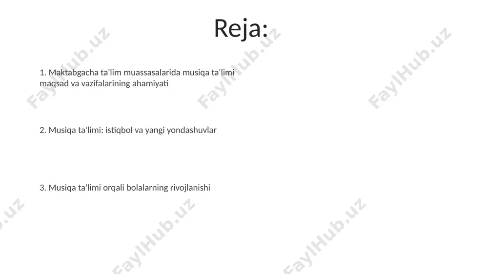 ta'limda musiqa ta'limi samaradorligini oshirishda 5-7 yoshli bolalar uchun maxsus moslashtirilgan dasturlarni qo‘llash, musiqiy qobiliyatlarni 20-30% ga oshirishga yordam beradi. musiqa ta'limi jarayoniga ota-onalarni jalb qilish va ular bilan hamkorlikda kamida 3 ta musiqiy tadbirlarni tashkil etish, bolalarning musiqaga bo‘lgan qiziqishini 40% ga oshiradi. musiqa orqali ijtimoiylashuv va muloqot musiqa darslari davomida, 5-7 ta kichik guruhlarda oʻtkaziladigan ijodkorlik mashgʻulotlari bolalarda oʻzaro hurmat, empatiya va muloqot kabi muhim ijtimoiy koʻnikmalarni rivojlantiradi. musiqa orqali bolalar 3-5 yosh oraligʻida oʻz tengdoshlari bilan 20 dan ortiq turli xil oʻyinlar va ijtimoiy faoliyatlarda ishtirok etish orqali muloqot koʻnikmalarini rivojlantiradi. estetik tarbiya va his-tuyg'ularni boyitish musiqiy ta’limning estetik tarbiya jarayonida 3-5 yoshli bolalarning ijodiy qobiliyatlarini rivojlantirishda muhim roli bor, bu ularning hissiy dunyosini boyitadi va ifoda vositalarini kengaytiradi. musiqa darslari orqali bolalar rang-barang ohanglar va ritmlarni farqlashni o'rganib, 5 dan ortiq musiqiy asboblar bilan tanishadilar, bu ularning estetik didini shakllantirishga yordam beradi. e'tiboringiz uchun rahmat @taqdimot_robot …