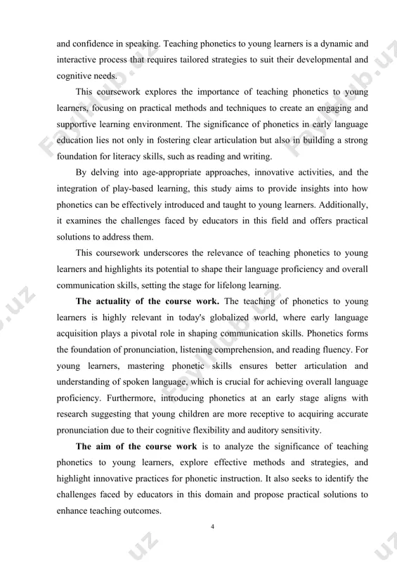 , and reading. the theoretical value of the course work. this coursework delves into the theoretical underpinnings of phonetics instruction, drawing from linguistic theories, child psychology, and language acquisition research. it provides a comprehensive understanding of how phonetics contributes to language development, the stages of phonetic learning in children, and the role of phonological awareness in literacy. by exploring established theories and frameworks, this study bridges the gap between theory and practice, offering educators a robust foundation for their teaching methodologies. the task of investigation. we have set ourselves to achieve the following tasks forward: - investigating the role of phonetics in developing pronunciation, listening comprehension, and overall language skills among young learners; - understanding the cognitive, auditory, and psychological attributes that influence phonetic learning at an early age. the scientific novelty of the course work. the scientific value of this coursework lies in its contribution to research on early …