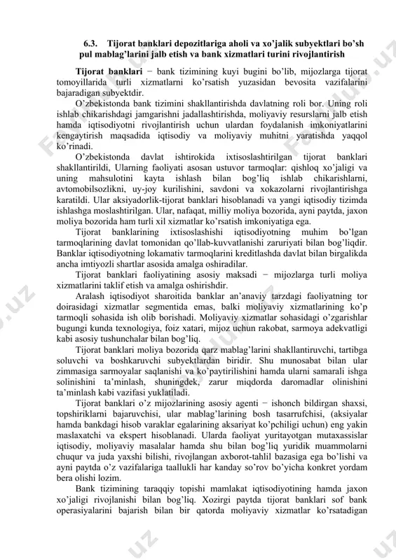 ida 33 ta bank, jumladan, 12 ta davlat ulushiga ega, shuningdek, 15 ta xususiy va 5 ta xorijiy banklar mavjud. 1 noyabr holatiga ko’ra, banklar aktivlari 39 mlrd dollarni (419 trln so’m) tashkil etib, ularning 82 foizi davlat banklariga tegishli. banklarning majburiyatlari 33 mlrd dollarga (352,6 trln so’m) yetdi, shundan 40 foizini depozitlar tashkil etadi . o’zbekistonda 2021 yilda bank tizimi holati hozirgi zamon bozor munosabatlari sharoitida ishlab chiqarishni rivojlantirish asosida iqtisodiy taraqqiyotga erishish kreditdan foydalanish va bank tizimi faoliyati samaradorligini oshirishni taqozo qiladi. shu bilan bir qatorda kredit munosabatlarini shakllantirishda yuzaga kelishi mumkin bo’lgan salbiy holatlarning oldini olish muhim hisoblanadi. tijorat banklarining kapitali va mijozlardan jalb qilingan depozitlar hajmining o’sishi respublika iqtisodiyotining bazaviy tarmoqlarida ishlab chiqarishni tarkibiy o’zgartirish, modernizasiya qilish, istiqbolli va yuqori samarali investisiya loyihalarini amalga oshirish, iste’mol mahsulotlari ishlab chiqarishni kengaytirish, xususiy tadbirkorlik va kichik biznesni moliyaviy qo’llab-quvvatlashda banklar ishtirokini yanada kengaytirish imkonini bermoqda. banklar tomonidan uzoq …
