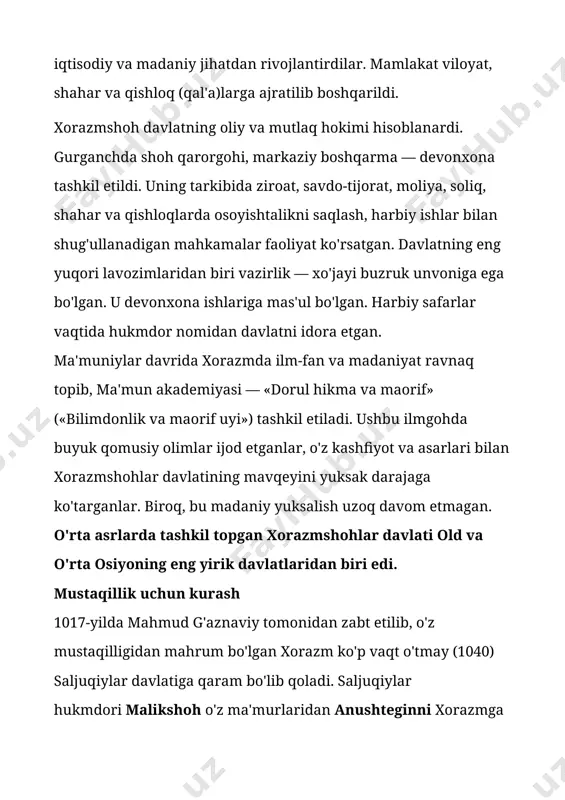 jralib ketadi. so'ngra fors, ozarbayjon vaxuroson viloyatlari mustaqil bo'lib oladi. bunday siyosiy vaziyatda, shubhasiz, xorazmning hukmronlik doirasi kengaytirilib, uning mustaqilligi yanada mustahkamlanadi. xorazm davlati ayniqsa, otsizning nabirasi takash davrida juda kengayadi. 1187-1193-yillarda u nishopur, ray va marv shaharlarini zabt etadi. 1194-yilda esa saljuqiylar sultoni to'g'rulga qaqshatqich zarba berib, eronni xorazmga bo'ysundiradi. * xorazmshoh — xorazm hukmdorlarining unvoni * iskandari soniy — ikkinchi iskandar davlat hududining kengayishi takashdan so'ng uning o'g'li alovuddin muhammad (1200-1220) ham xorazm davlatini kengaytirish siyosatini davom ettiradi. 1206-yildan boshlab movarounnahrni qoraxitoylarga qaramlikdan ozod etishga kirishildi. 1210-yilda talos vodiysida qoraxitoylar mag'lubiyatga uchratiladi. yettisuvgacha bo'lgan yerlar xorazmshohlar davlati tasarrufiga olinadi. xiii asr boshida xorazm juda keng maydonni egallagan buyuk davlatga aylangan edi. lining shimoli g'arbiy va g'arbiy chegarasi orol va kaspiy dengizi sohillaridan janubi g'arbda iroqqa qadar borar edi. janubi sharqiy hududlari g'azna viloyatidan, shimoli sharqiy chegarasi esa yettisuv va dashti qipchoqdan o'tar edi. sharqdagi bu ulkan davlatning poytaxti …