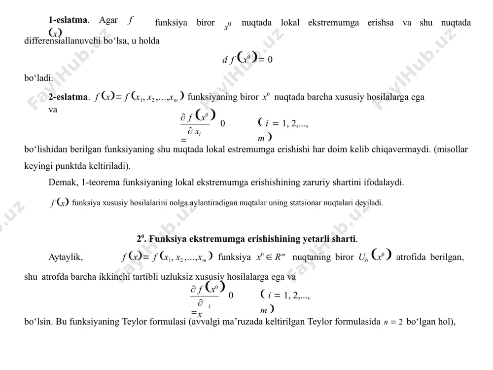 agicha bo‘ladi. aytaylik, u  f x, y funksiya e  r2 to‘plamda berilgan bo‘lib, x0 , y0  e bo‘lsin. agar shunday   0 son topilsaki, u x0 , y0  e bo‘lib, x, yu x0 , y0  uchun f x, y f x0 , y0   f x, y f x0 , y0  bo‘lsa, f x, y funksiya x0 , y0  nuqtada lokal minimumga (lokal maksimumga) erishadi deyiladi. x0 , y0  nuqta f x, y funksiyaning lokal minimum (maksimum) nuqtasi, f x0 , y0  miqdor esa funksiyaning minimum (maksimum) qiymati deyiladi. agar shunday   0 son topilsaki, u x0 , y0  e bo‘lib, x, yu x0 , y0  \ x0 , y0  uchun f x, y  f x0 , y0   f x, y f x0 , y0  bo‘lsa, f x, y funksiya x0 …